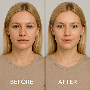 Side-by-side comparison of a woman, before and after cosmetic treatment, showing improved skin and a more refreshed appearance.