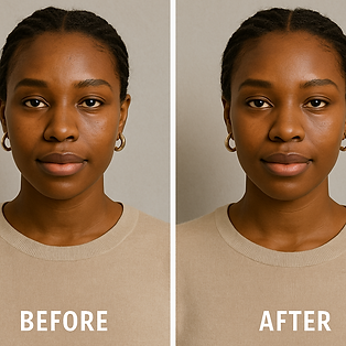 Side-by-side comparison of a woman before and after skincare, showing improved skin clarity and smoothness in the after photo.