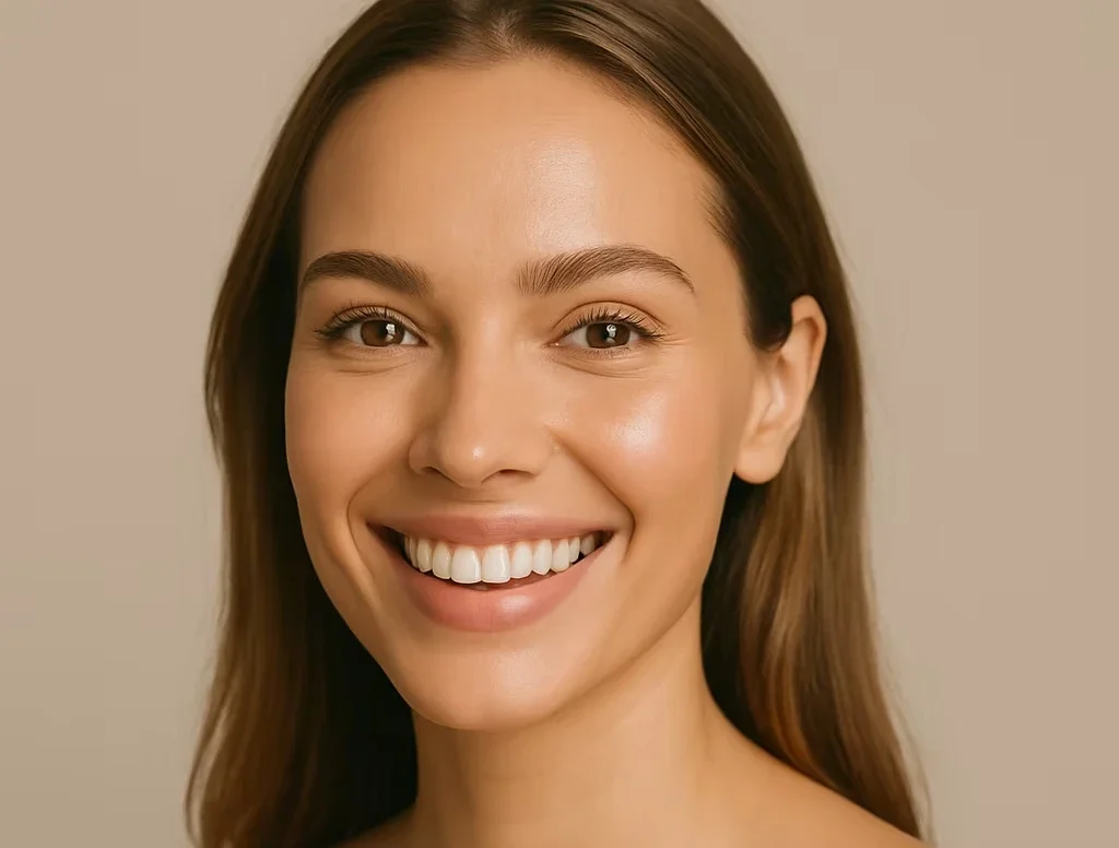 Close-up of a young woman with long brown hair, smiling, with clear skin, brown eyes, and white teeth, against a beige background.