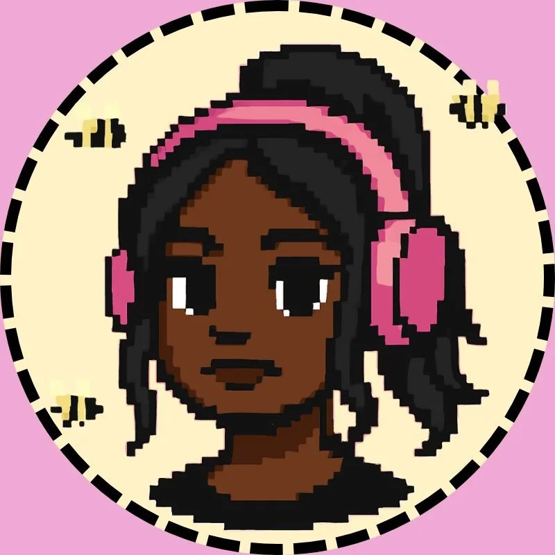 Pixel art illustration of a girl with dark skin, black hair with pink highlights, wearing pink headphones, surrounded by bees, on a circular clock face with a light-colored background, all within a pink outer background.