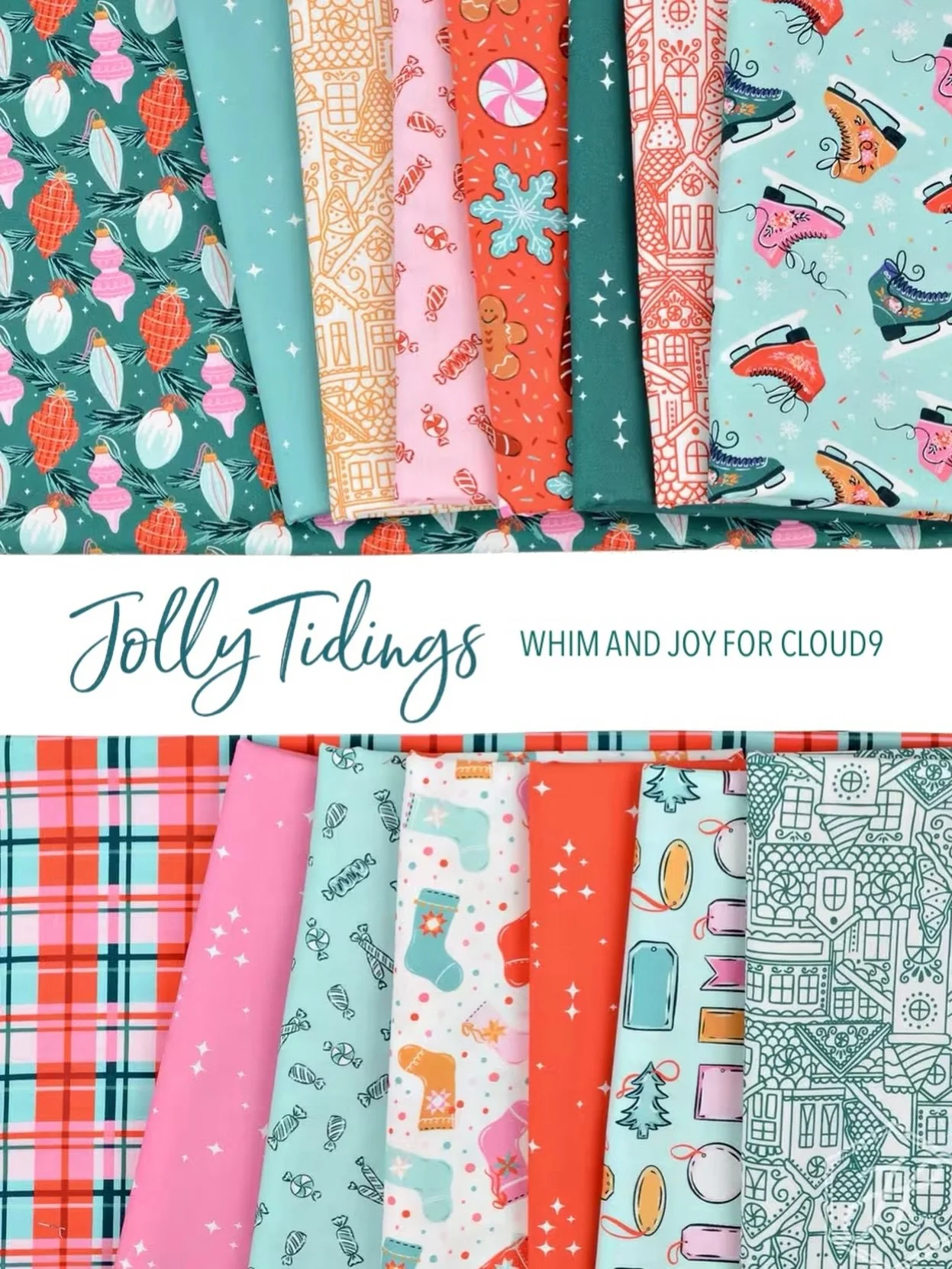 IT&rsquo;S ALMOST HERE and the wait is almost over!! I&rsquo;m beyond excited to share Jolly Tidings, my first and newest fabric collection with @cloud9fabrics ! 

This collection is packed with whimsical holiday charm!! Sweet gingerbread cottages, v