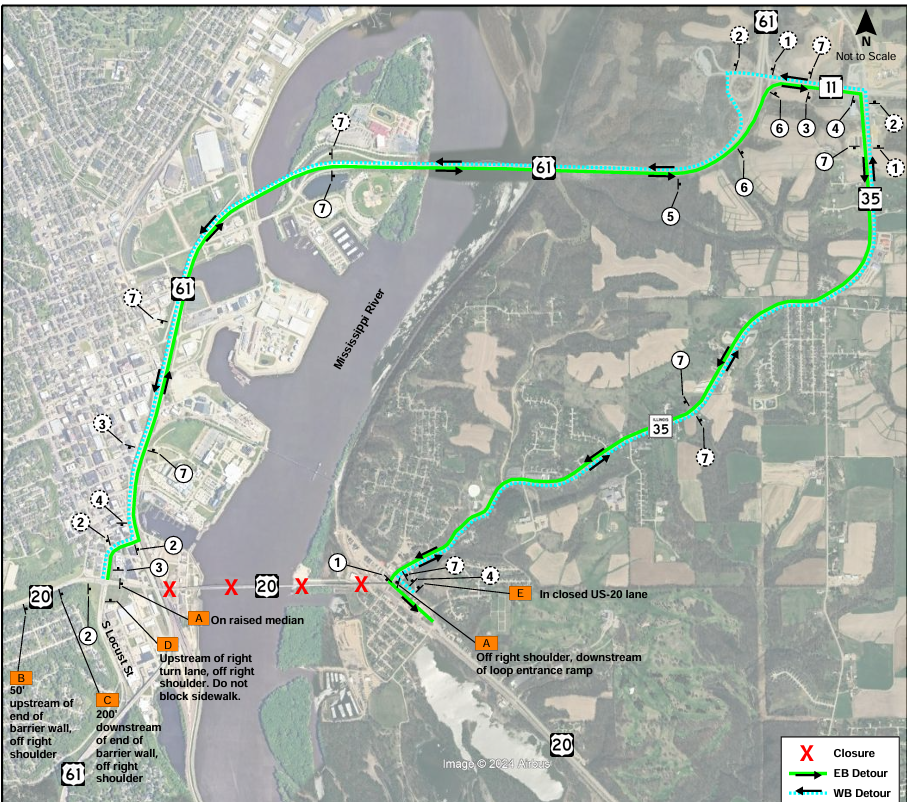Detour map for traffic during the Julien Dubuque Bridge closure.
