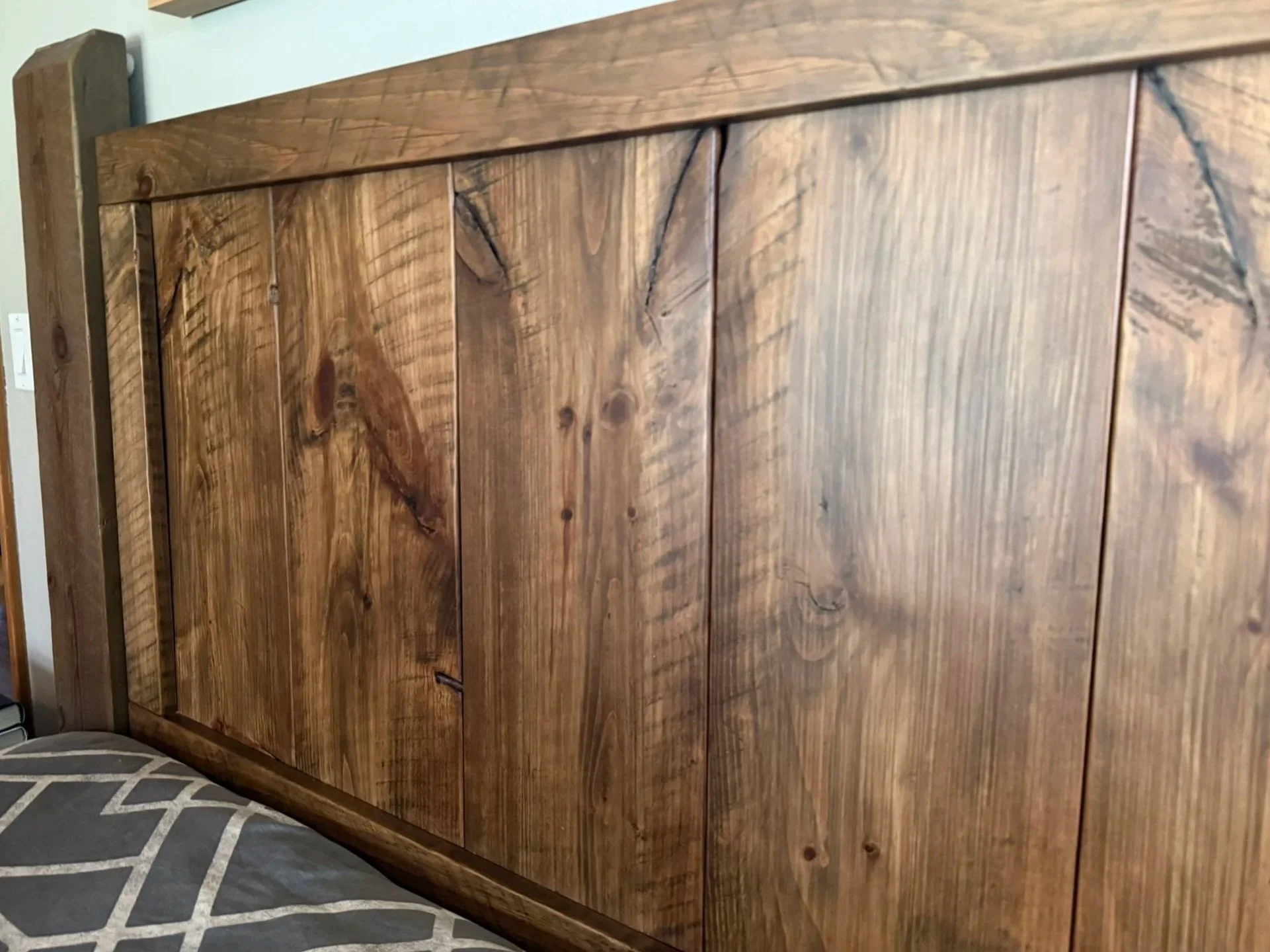 Reclaimed, rustic oak and pine headboard with original saw marks