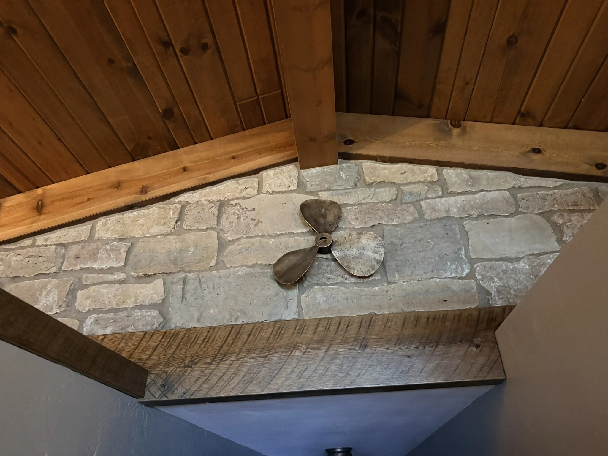 Natural Stone wall cladding, rustic hand-hewn oak accent board with original saw marks