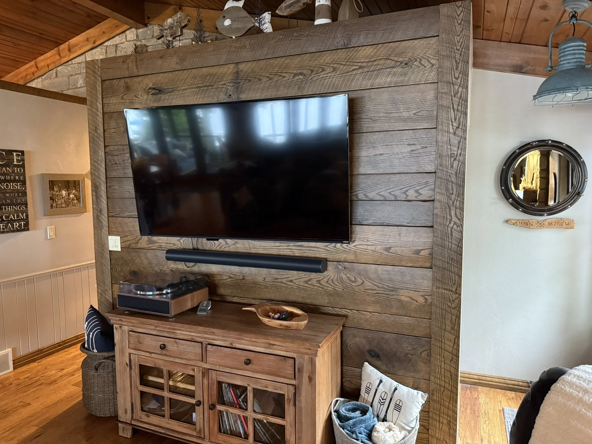 Rustic stained oak accent wall with original saw marks