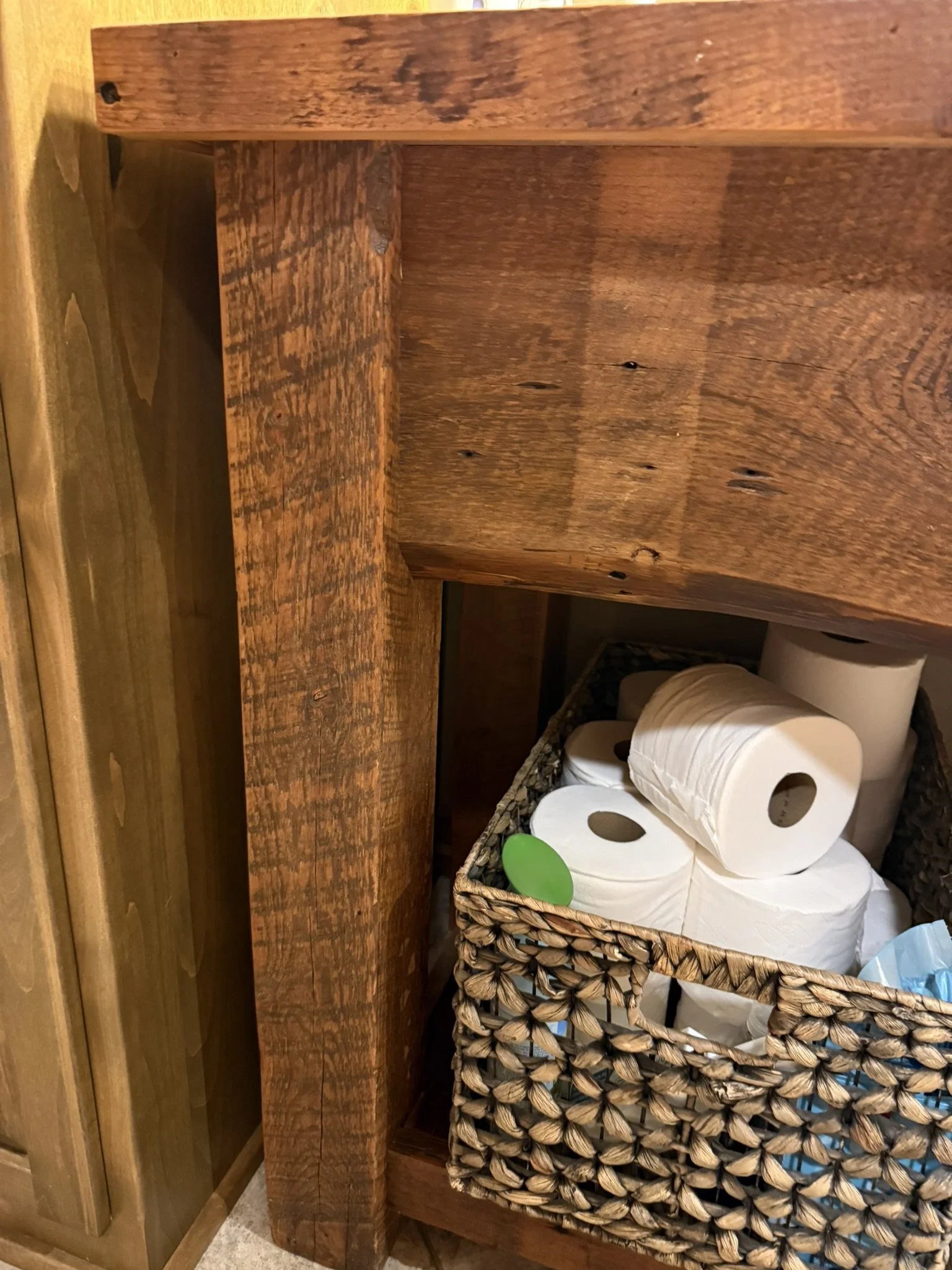 Reclaimed rustic pine vanity with top mount