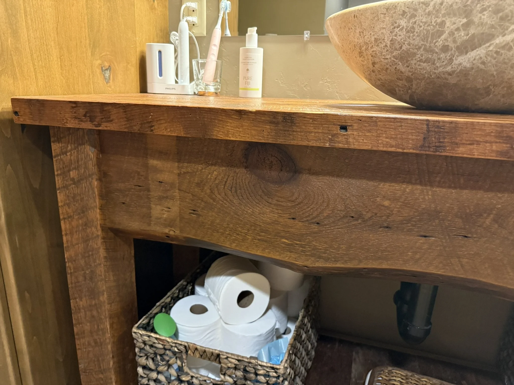Reclaimed rustic pine vanity with top mount