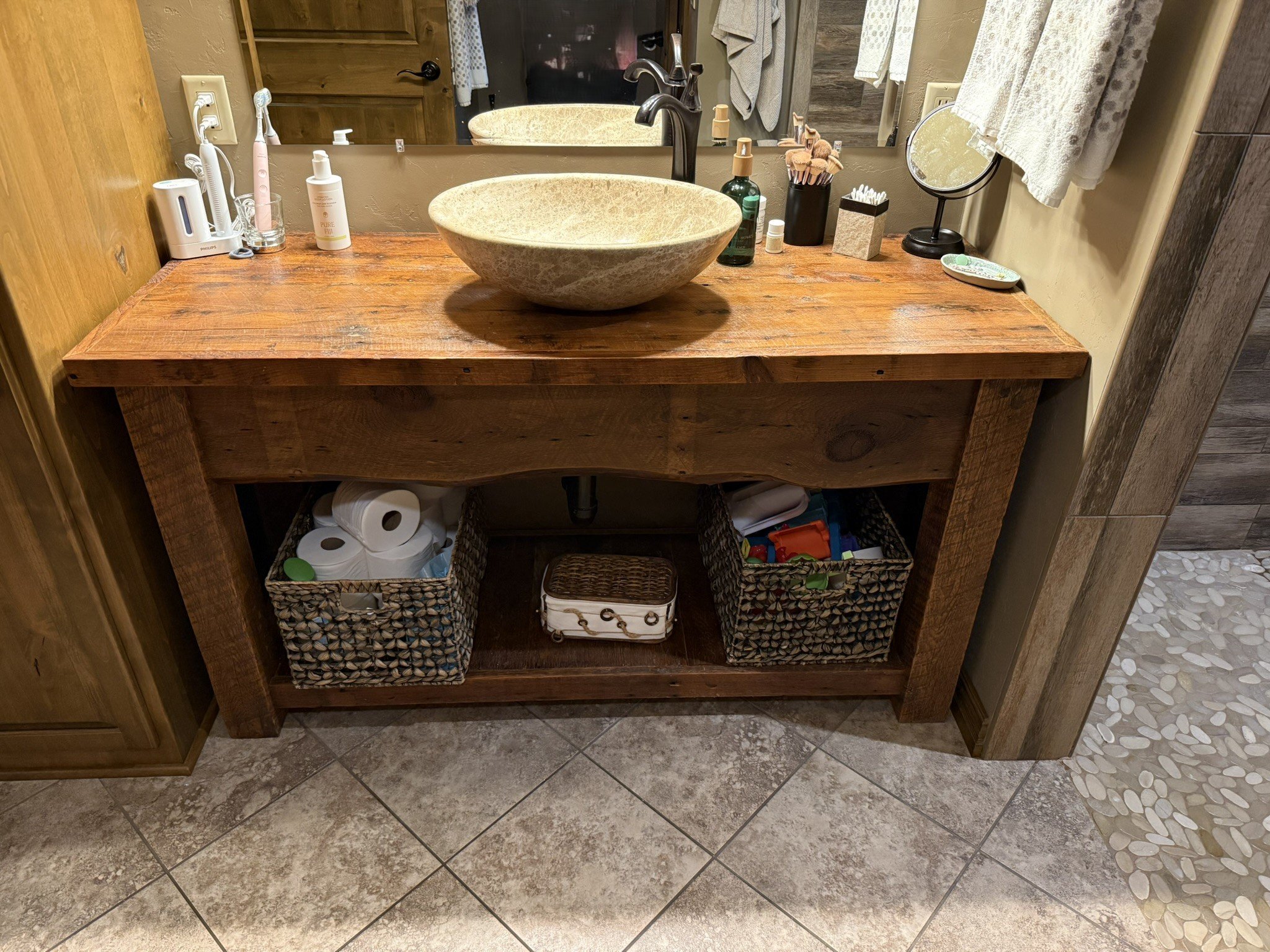 Reclaimed rustic pine vanity with top mount
