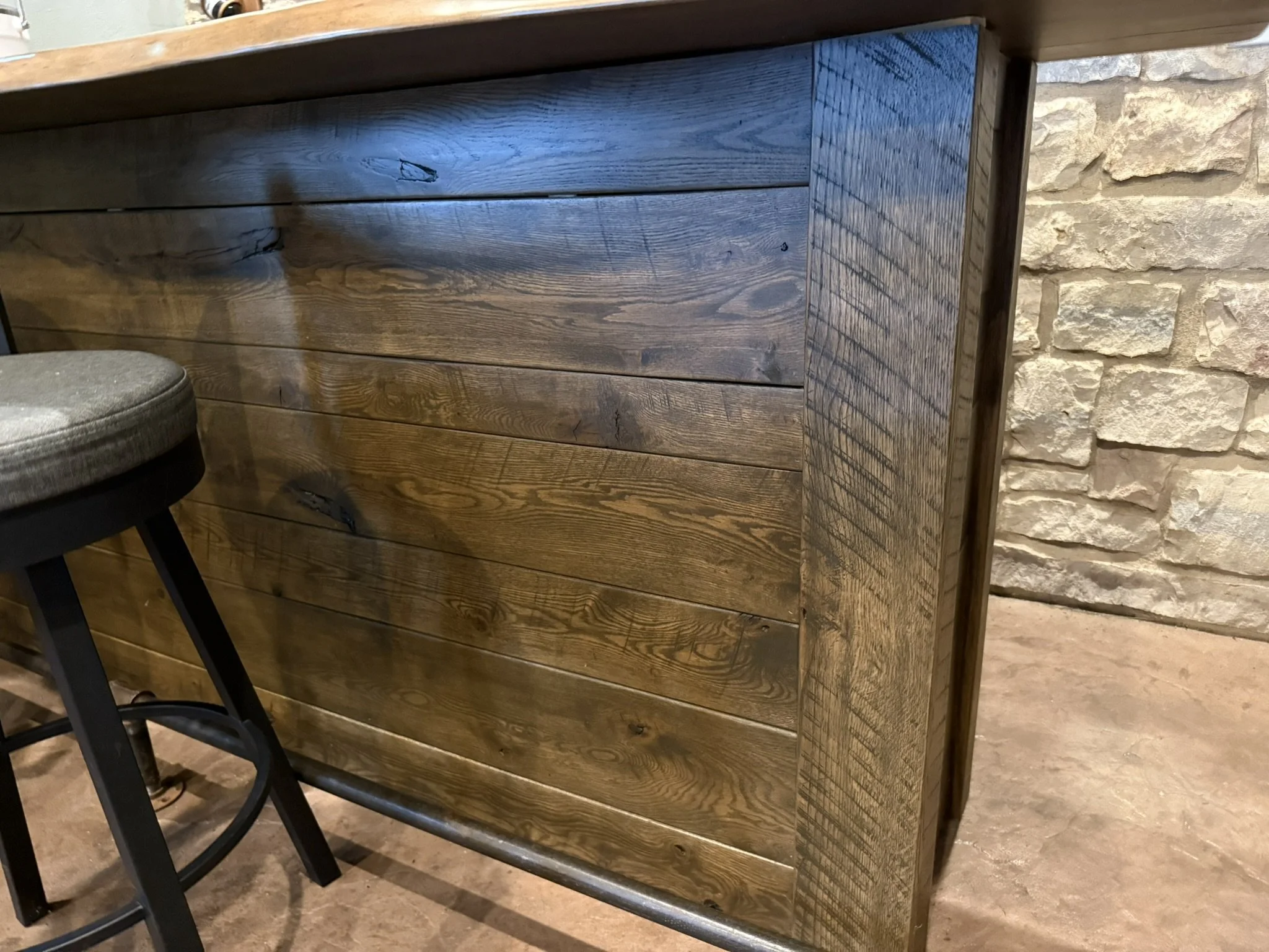Rustic Black Cherry live edge bar, rustic oak base/cabinets with original saw marks