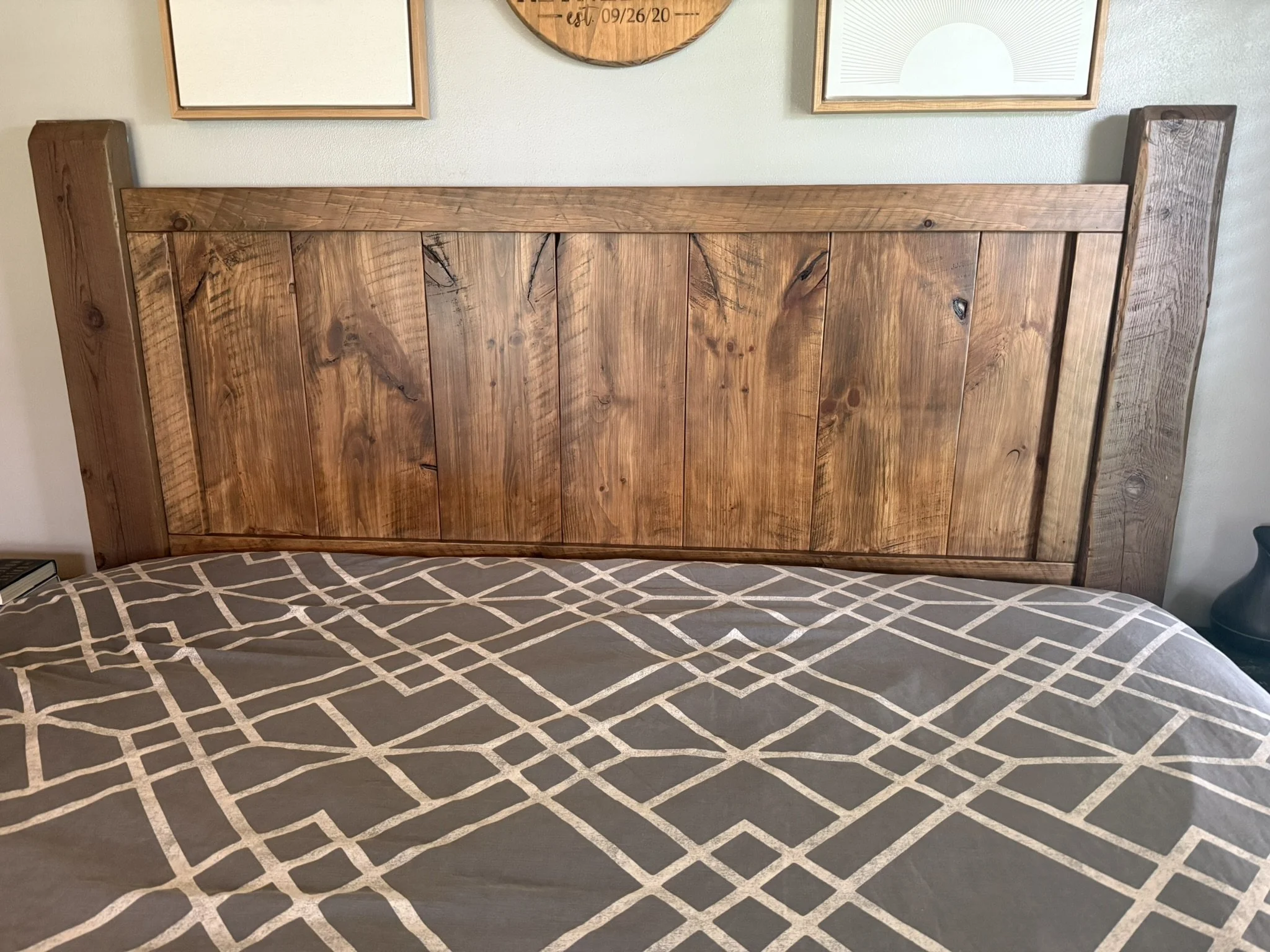 Reclaimed, rustic oak and pine headboard with original saw marks