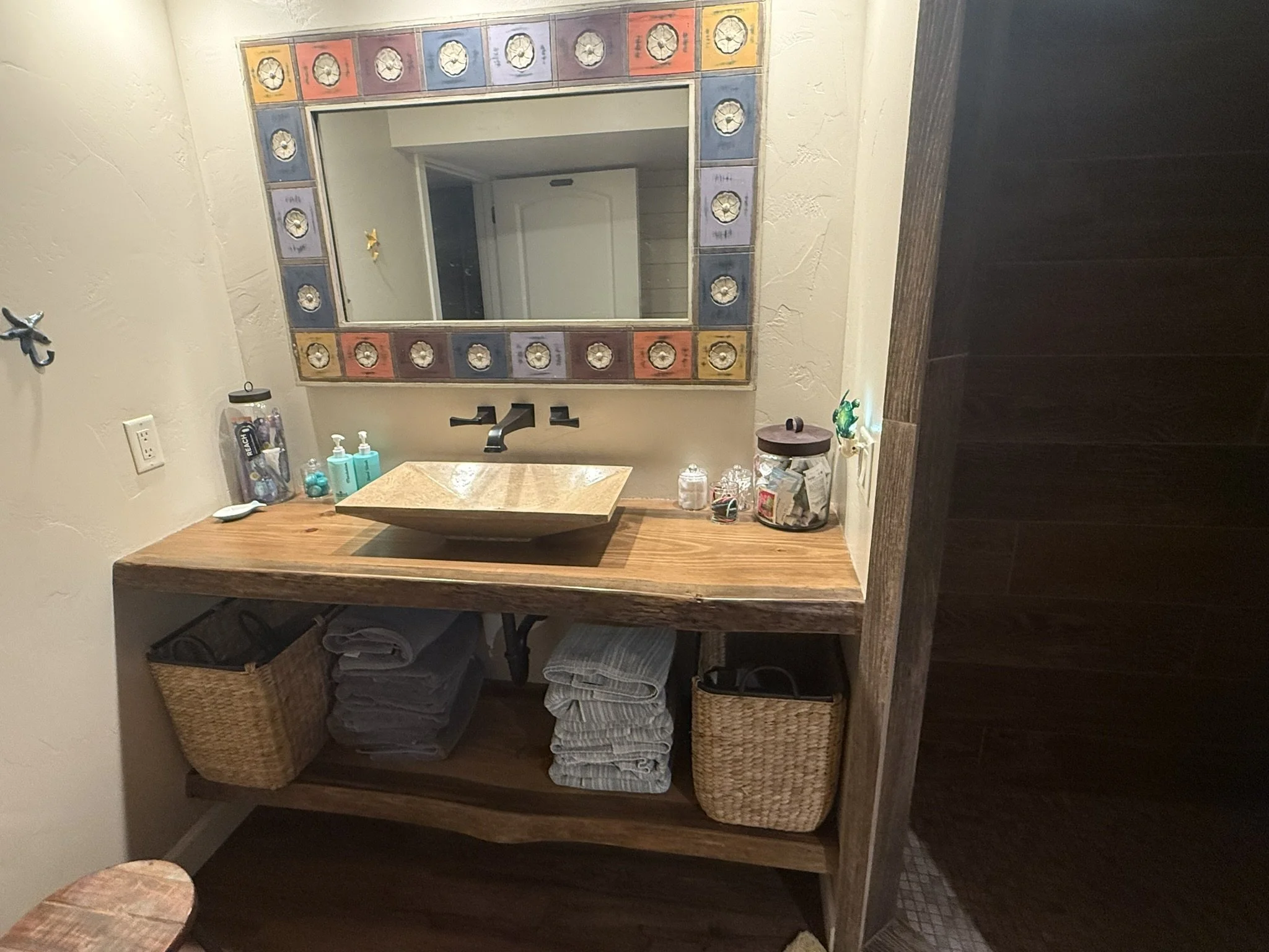 Reclaimed rustic cherry vanity with top mount