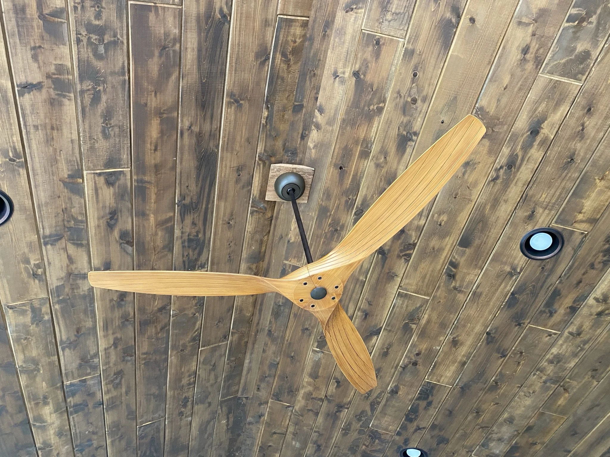 Stained rustic cedar tongue and groove ceiling, with inset led can lighting 