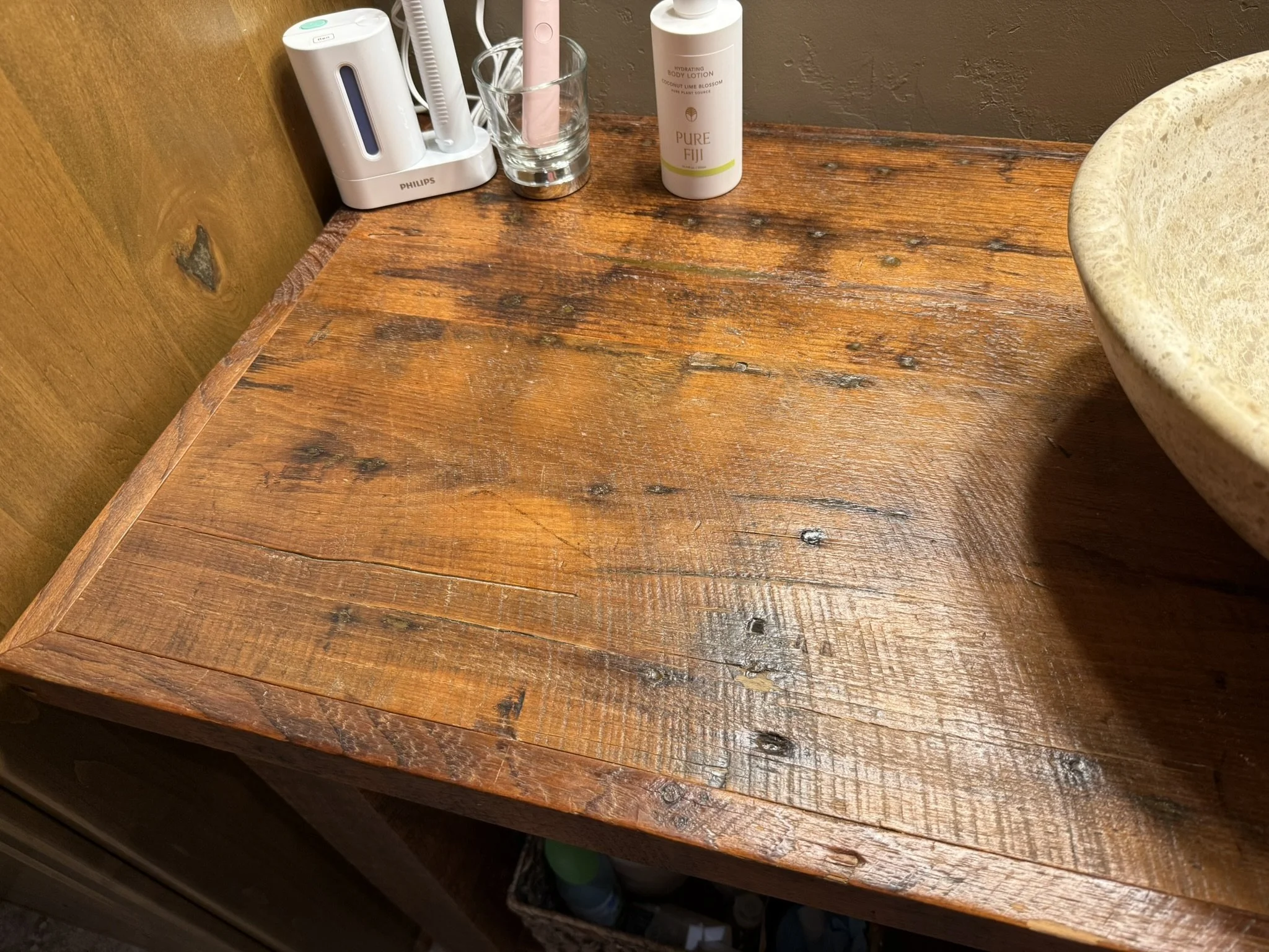 Reclaimed rustic pine vanity with top mount