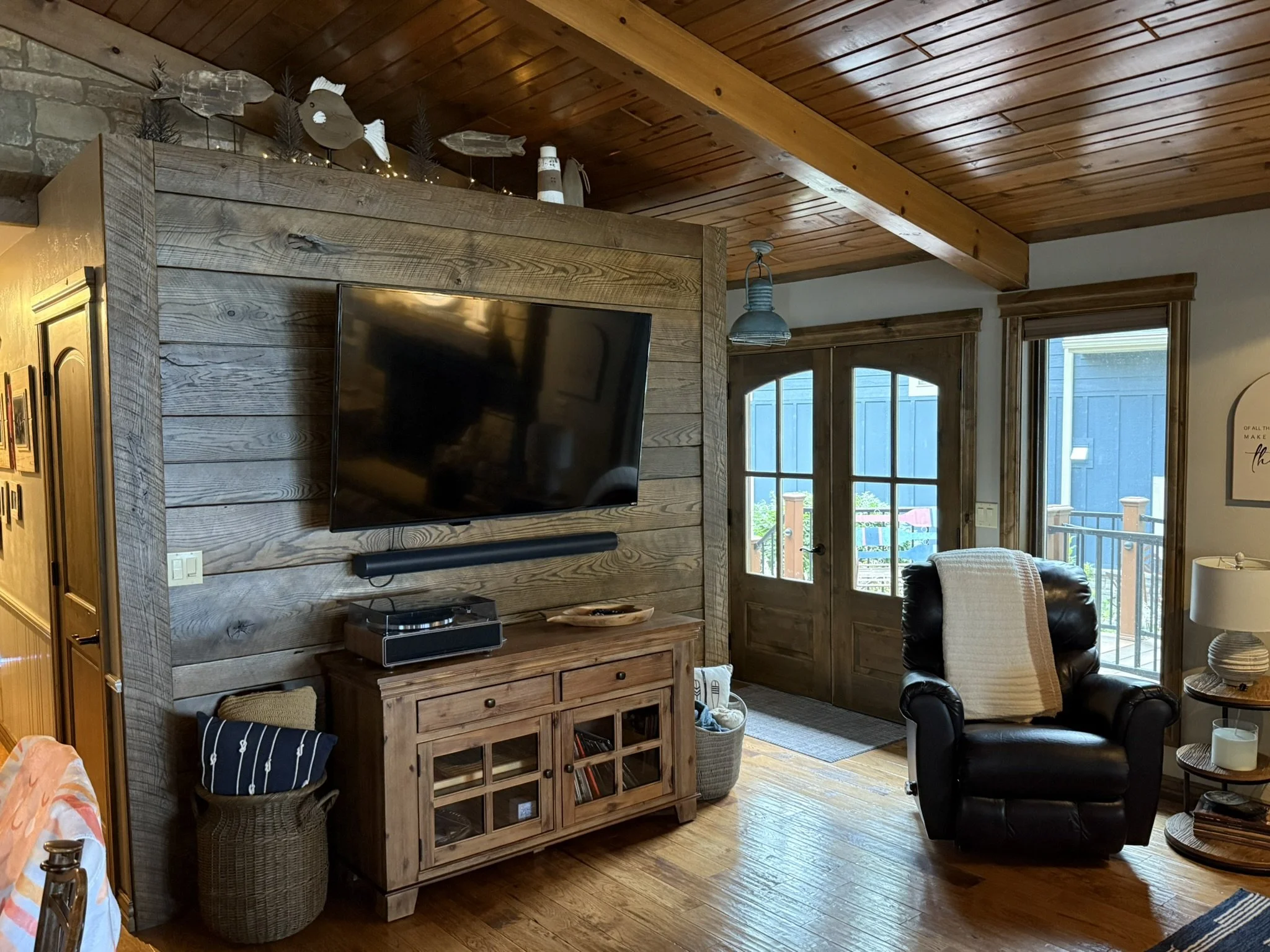 Rustic stained oak accent wall with original saw marks