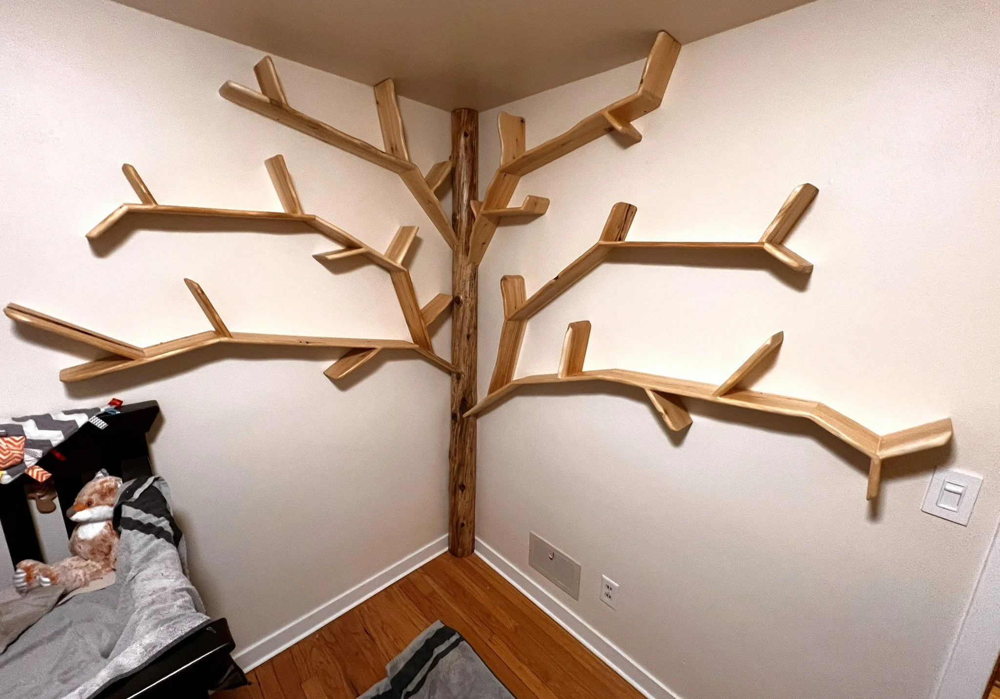 Handmade cedar tree full height corner bookshelf