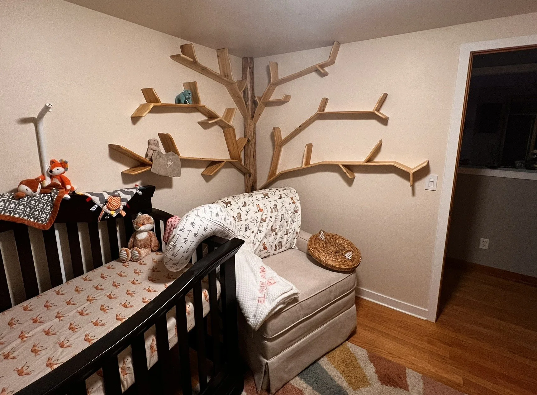 Handmade cedar tree full height corner bookshelf