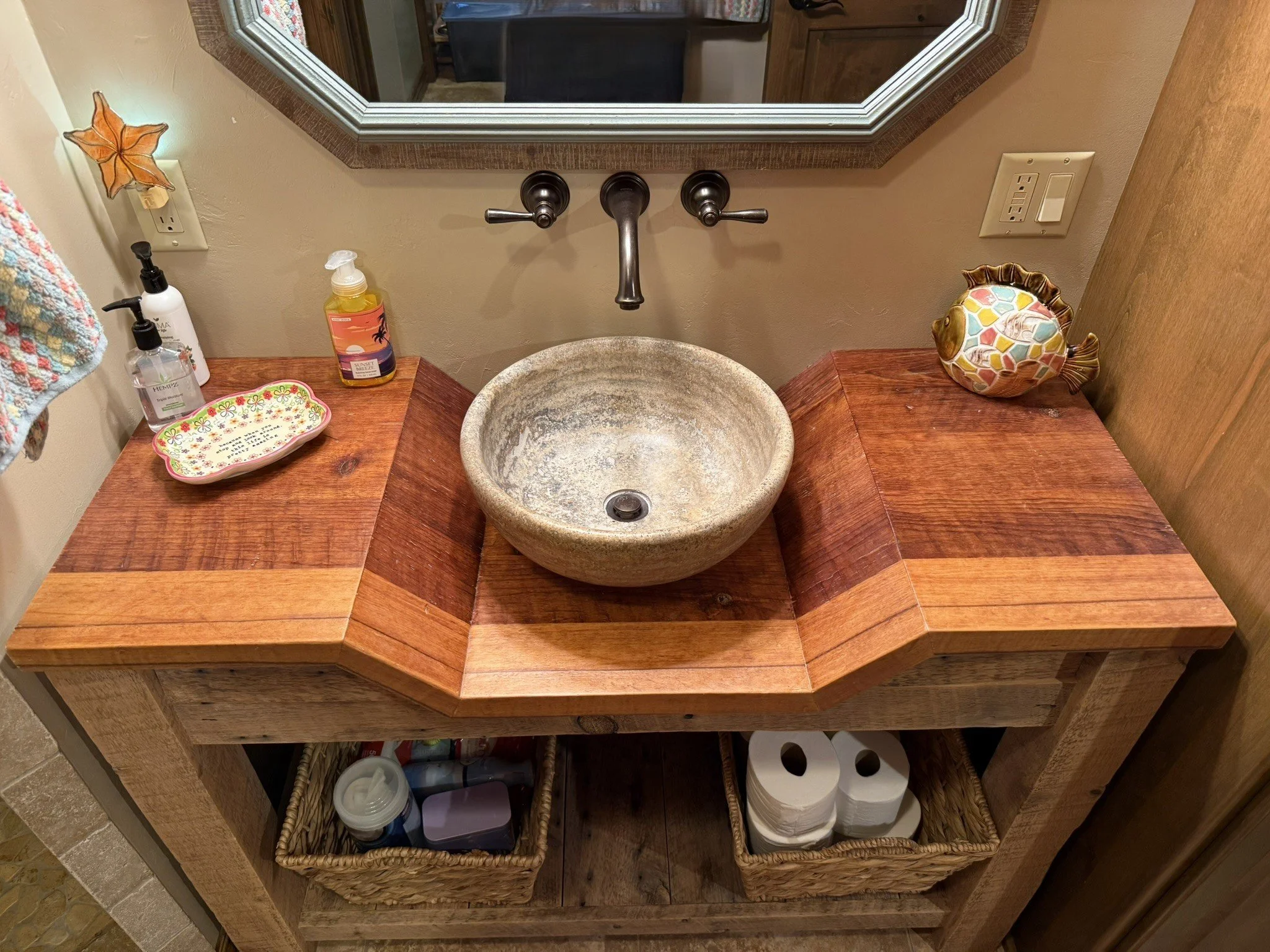 Reclaimed pine vanity two tone with bowl recess