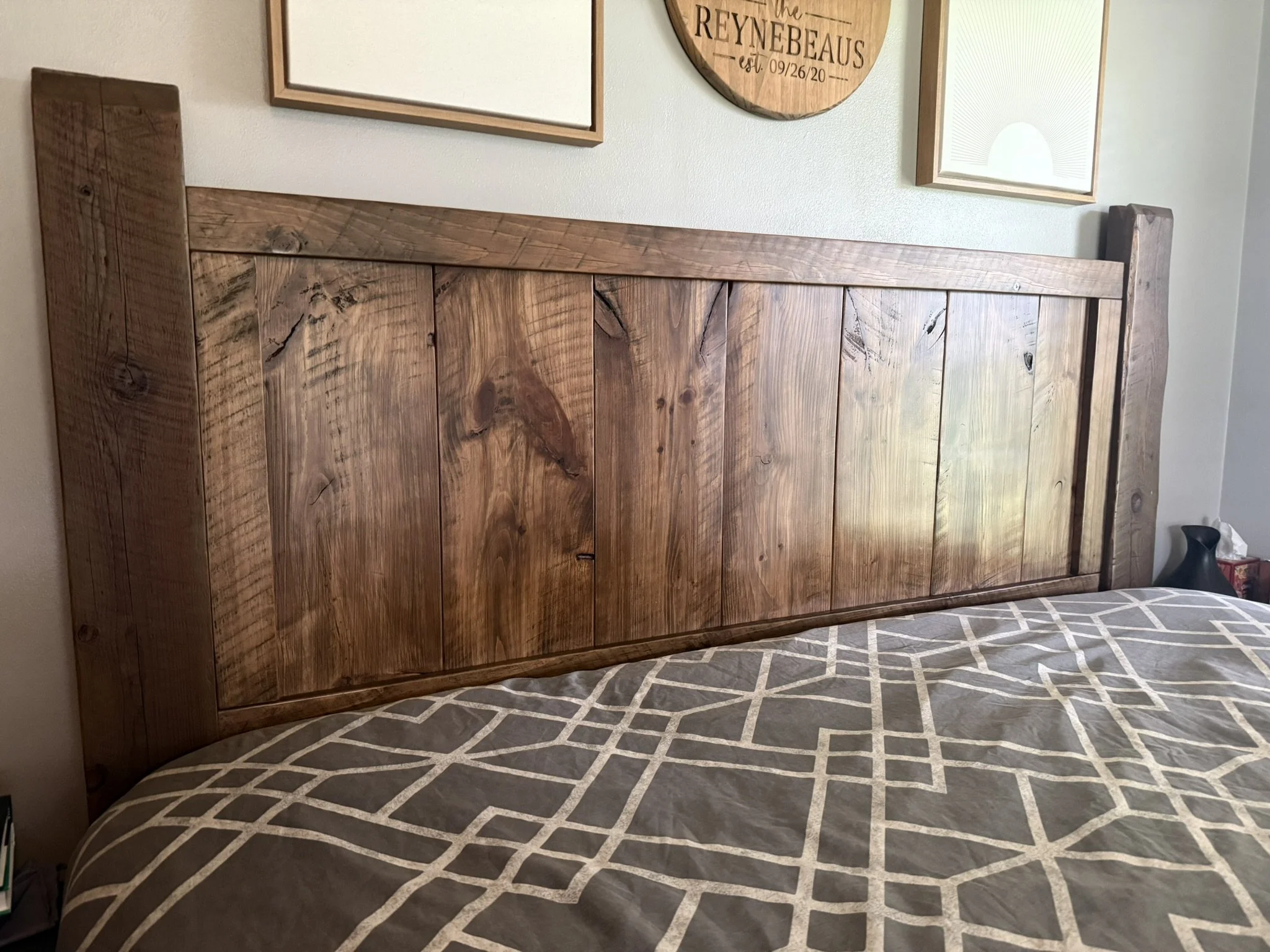 Reclaimed, rustic oak and pine headboard with original saw marks