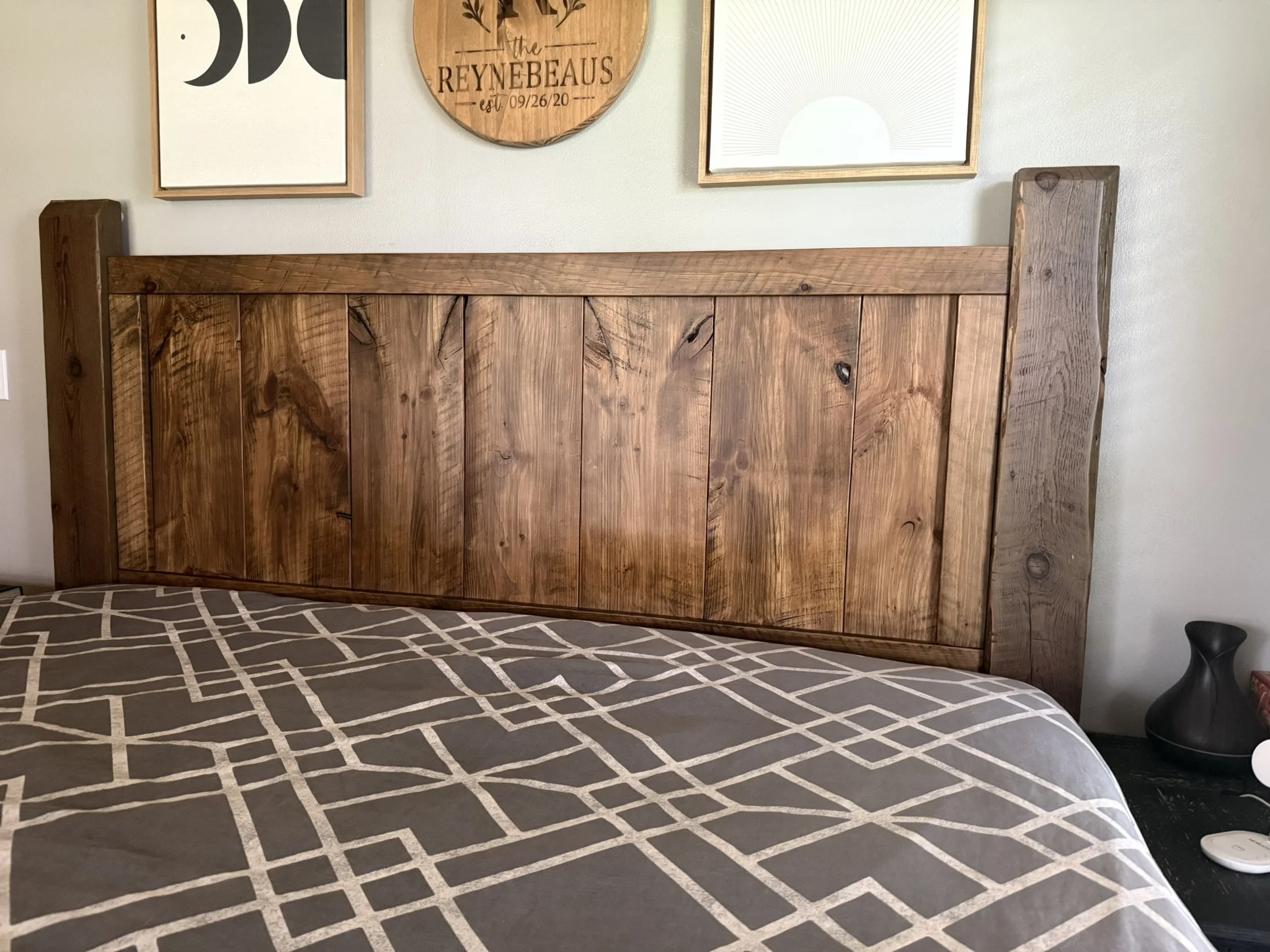 Reclaimed, rustic oak and pine headboard with original saw marks