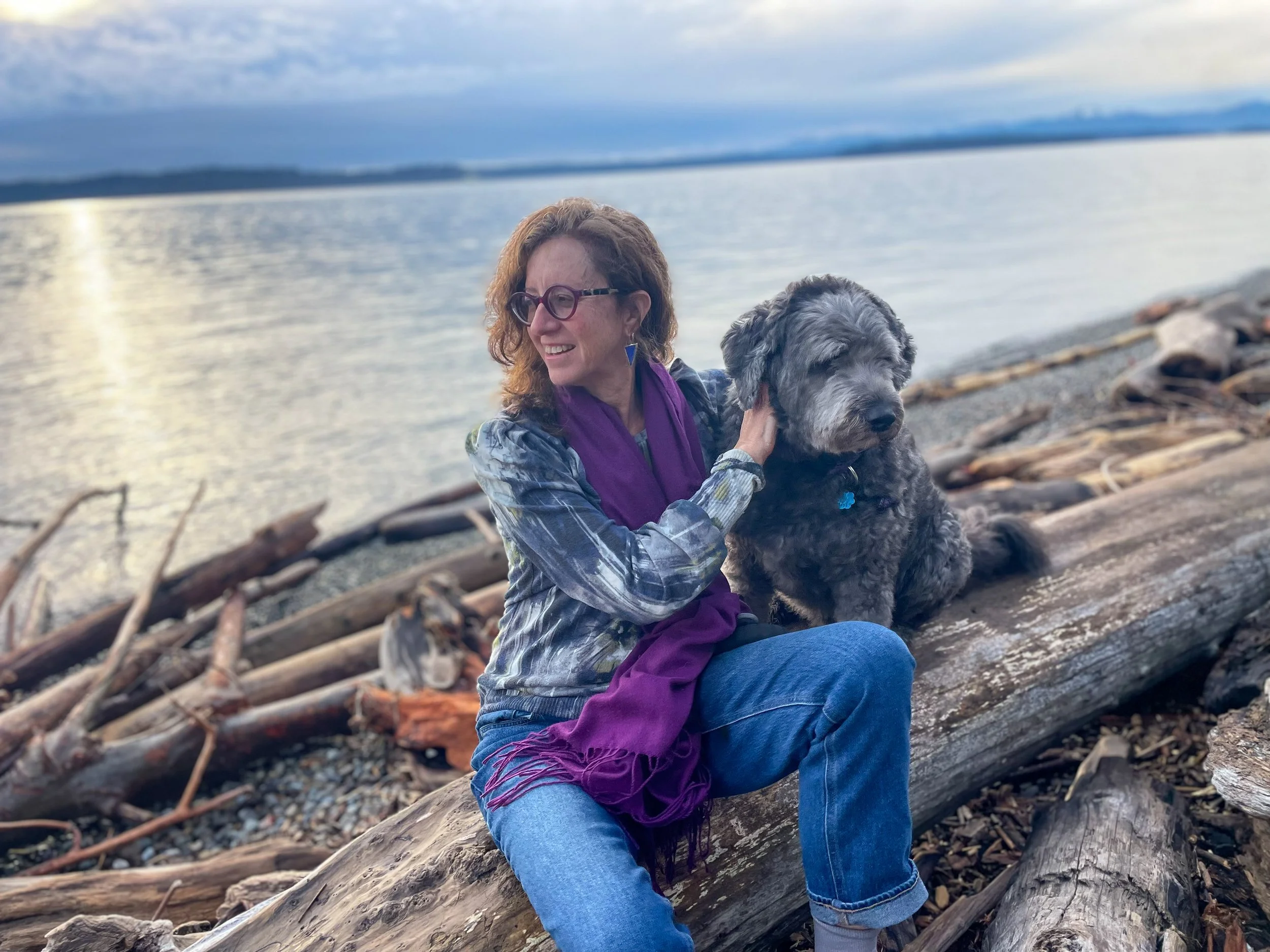 A woman with glasses and a purple scarf sitting on driftwood at a beach, petting a large gray dog with curly fur, with a body of water and mountains in the background.
