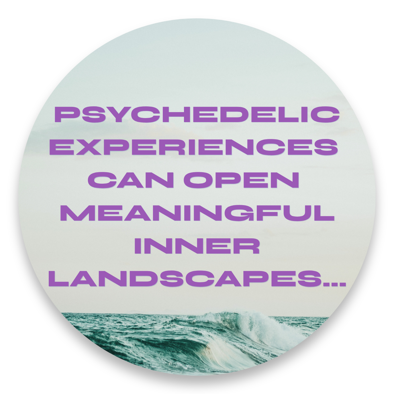 Text overlay stating 'Psychedelic experiences can open meaningful inner landscapes,' over a background of ocean waves under a cloudy sky.