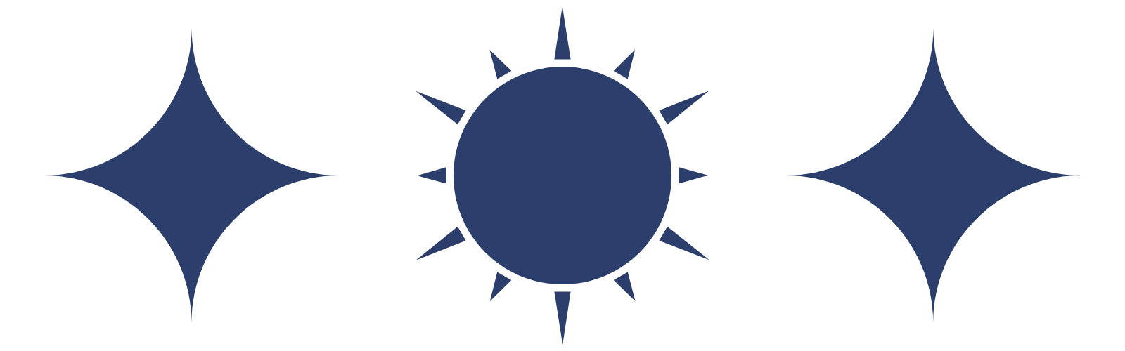 Stylized blue sun with rays washched in a circular pattern, flanked by two diamond-shaped stars on each side.