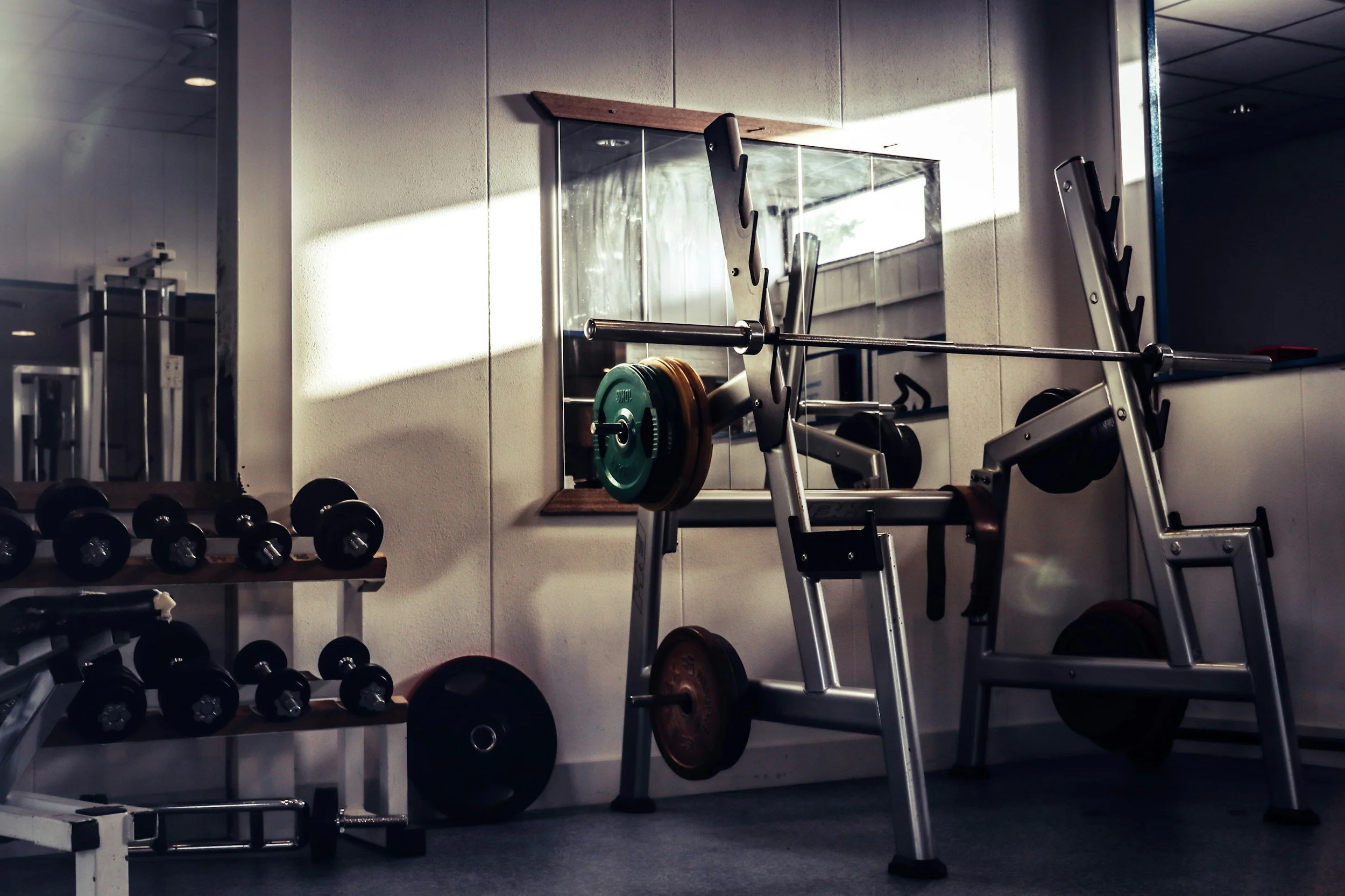 Weightlifting equipment in a gym, including a barbell on a squat rack and dumbbells on a rack.