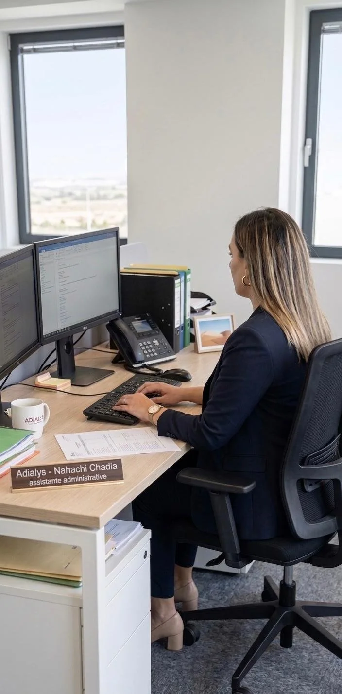 Femme assise à un bureau, travaillant devant deux écrans d'ordinateur, avec un téléphone, des livres, un mug et des papiers.