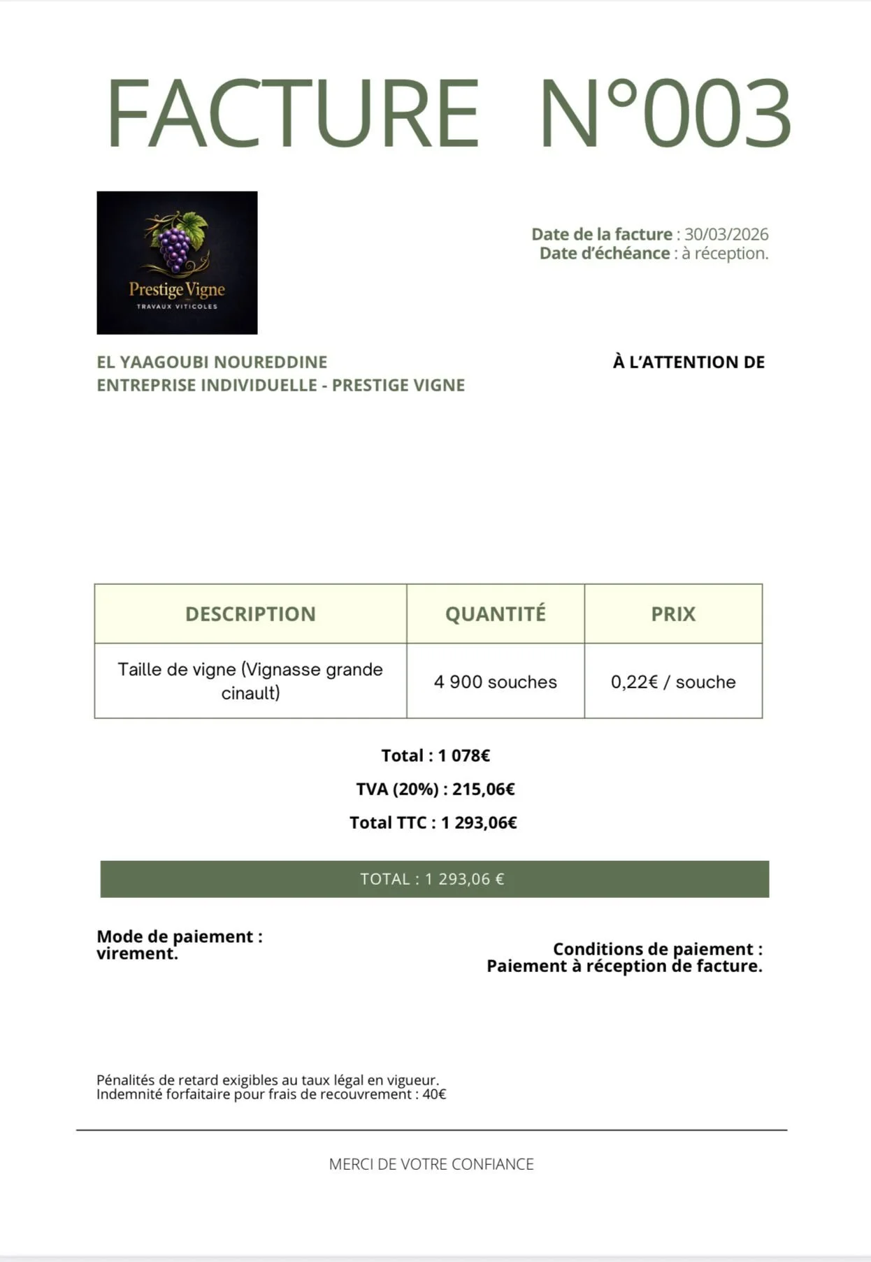 Facture d'achat pour 4900 souches de taille de vigne de grande cinault, total de 1293,06 € avec TVA à 20 %, pays dans le sud de la France.