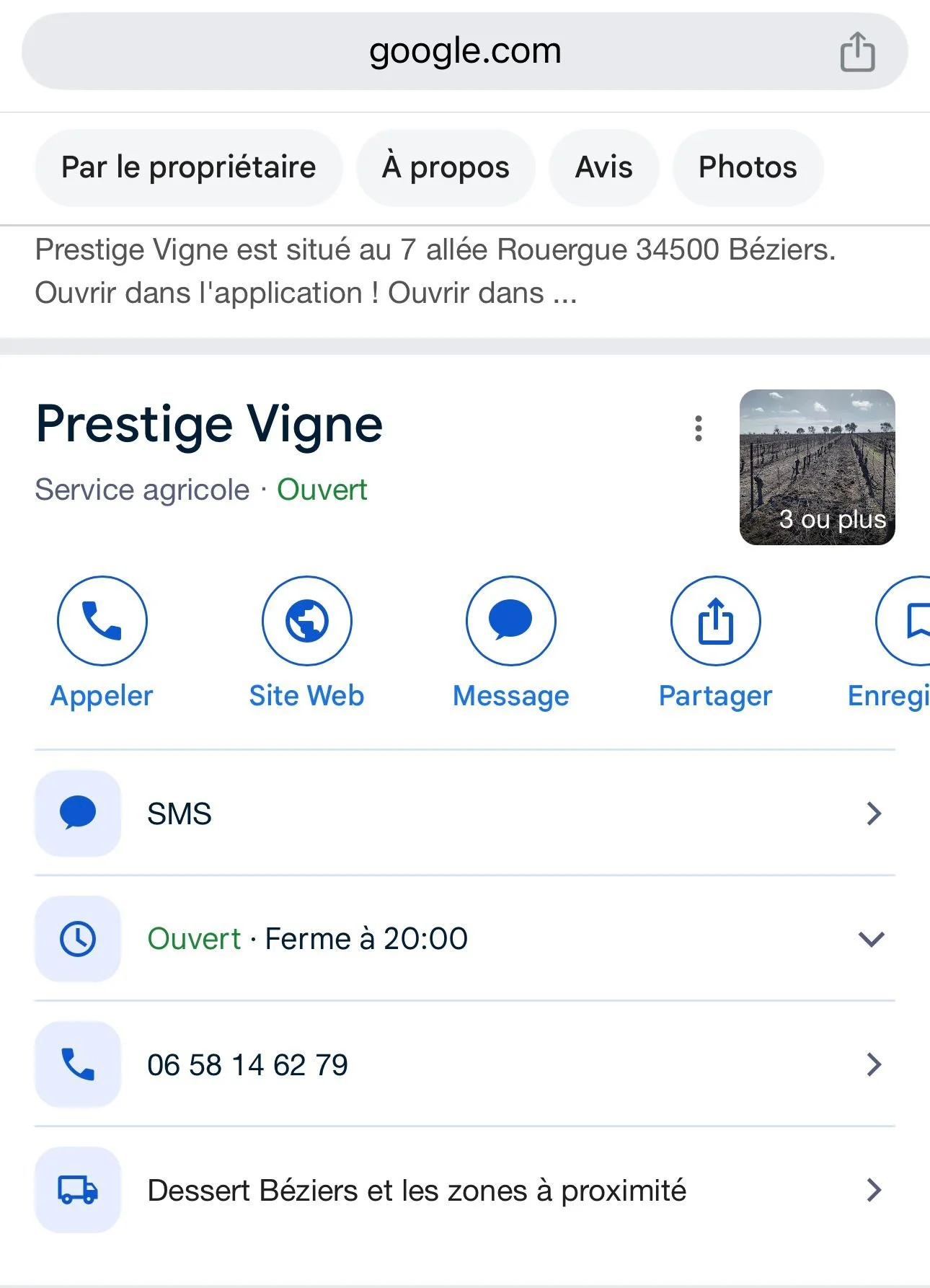 Captures d'écran d'une fiche Google My Business pour le domaine viticole 'Prestige Vigne' situé à Béziers, montrant des informations telles que l'adresse, le numéro de téléphone, les heures d'ouverture, et une photo de vignoble.
