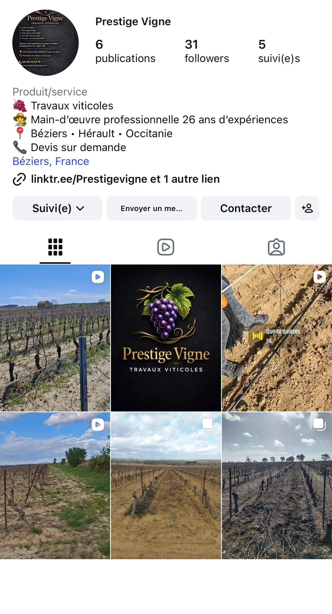 Profil Instagram de Prestige Vigne, un service de travaux viticoles en Béziers, France, montrant des photos de vignes et de la récolte viticole.