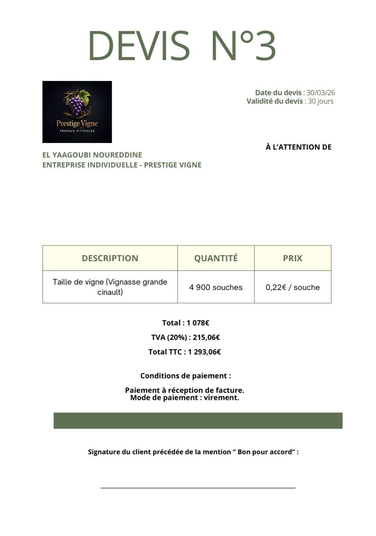 Devis N°3 pour la taille de vigne avec 4900 souches, prix de 0,22€ par souche, total de 1293,06€ TTC, logo Prestige Vigne avec une image de raisins violets.