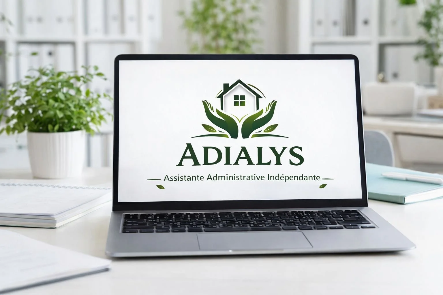 Logo d'une maison avec des mains vertes entourant la maison, avec le texte "ADIALYS" en dessous et la phrase "Assistante Administrative Indépendante".