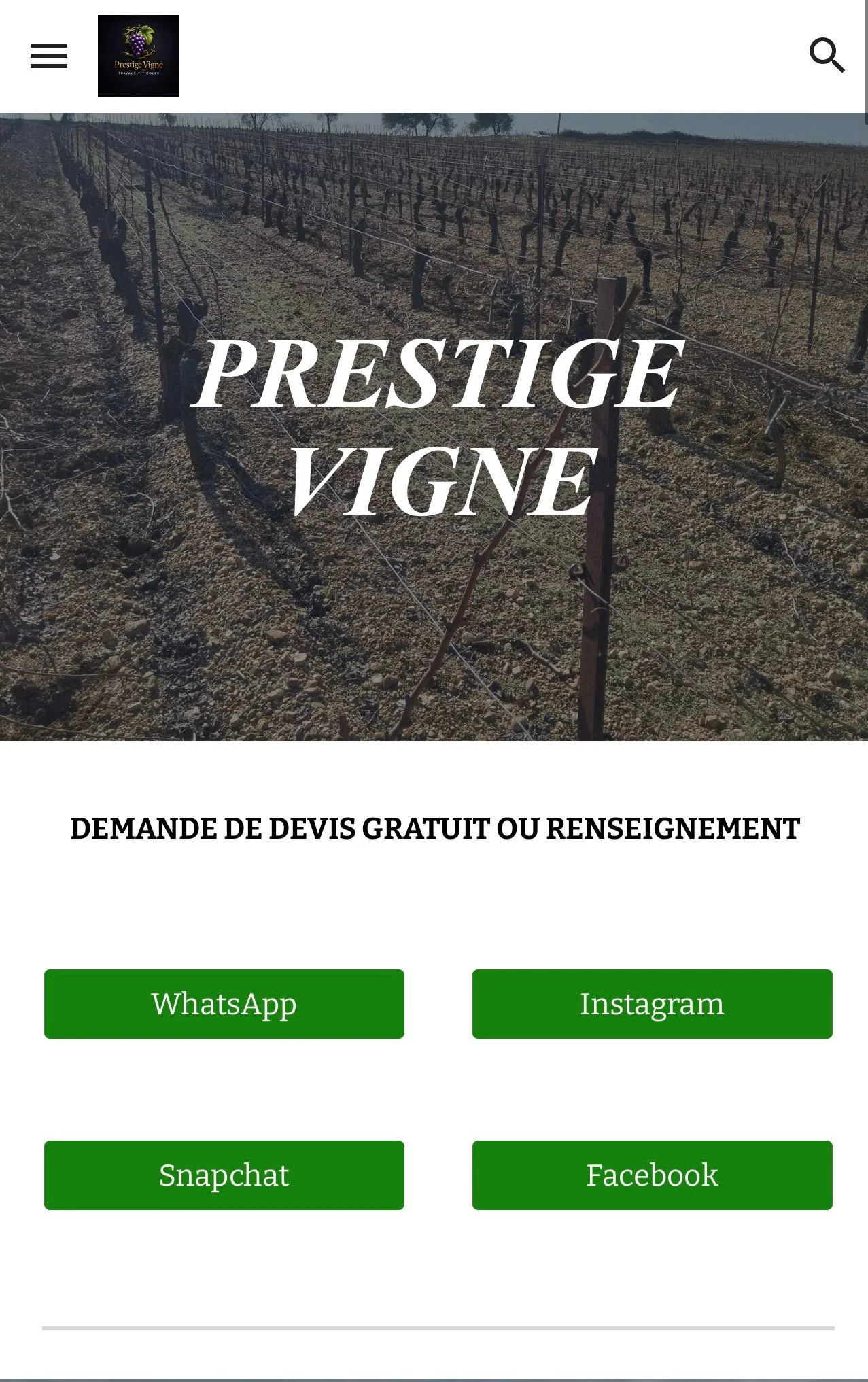 Page d'accueil d'un site internet pour la vigne Prestige Vigne avec une photo d'un vignoble en arrière-plan et des boutons verts pour WhatsApp, Instagram, Snapchat et Facebook.