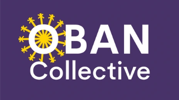 Logo for O-BAN Collective with stylized yellow sunburst design and purple background.