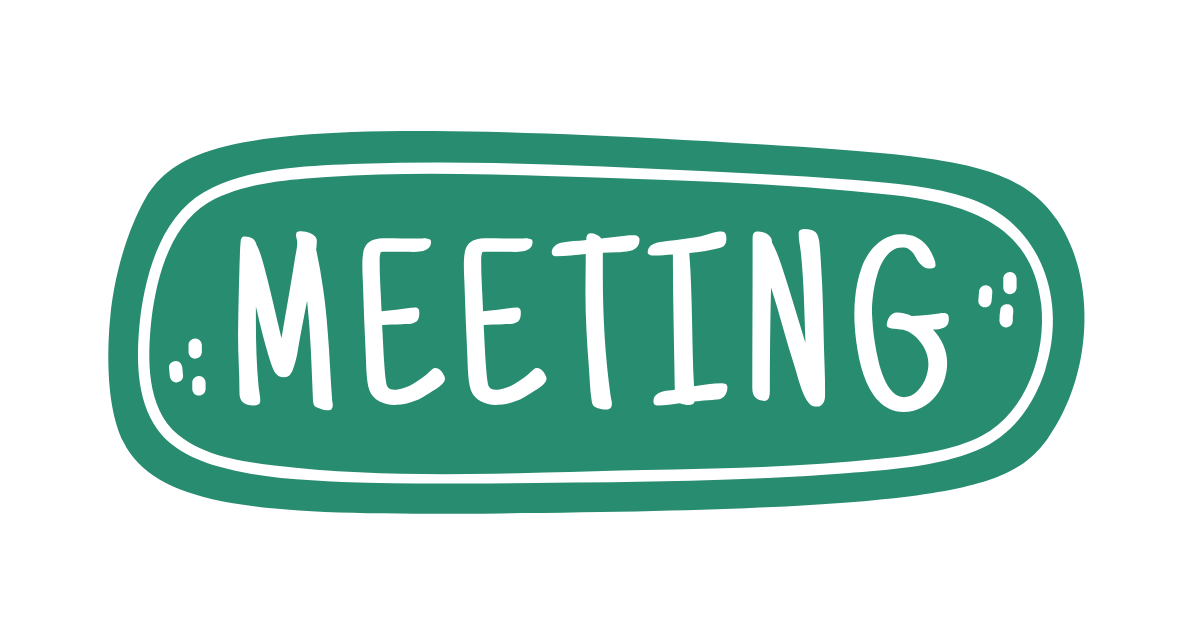 A green sign with white handwritten text that says 'MEETING'.