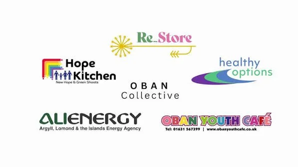 Collection of logos for organizations: Hope Kitchen, Re-Store, OBAN Collective, healthy options, ALI ENERGY, and OBAN Youth Café.
