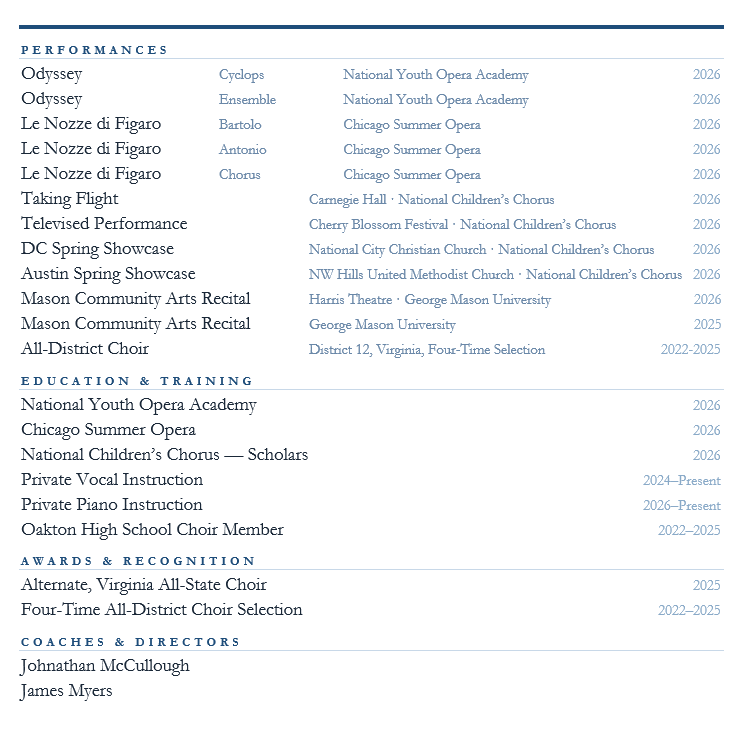 A table of performances, education, awards, and coaches, listing various events and achievements from 2022 to 2026.