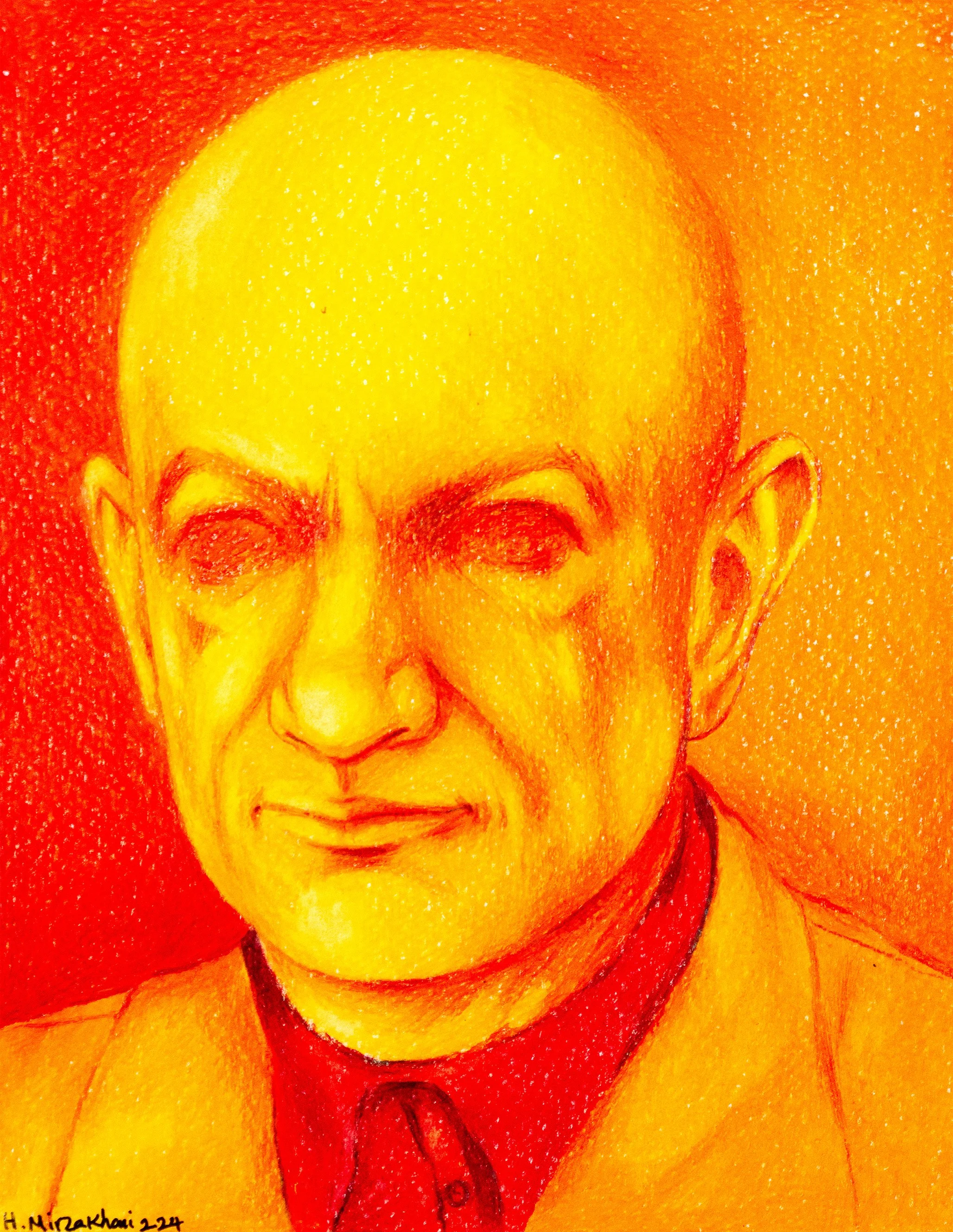 A portrait of an elderly man with a bald head, wearing a suit and tie.