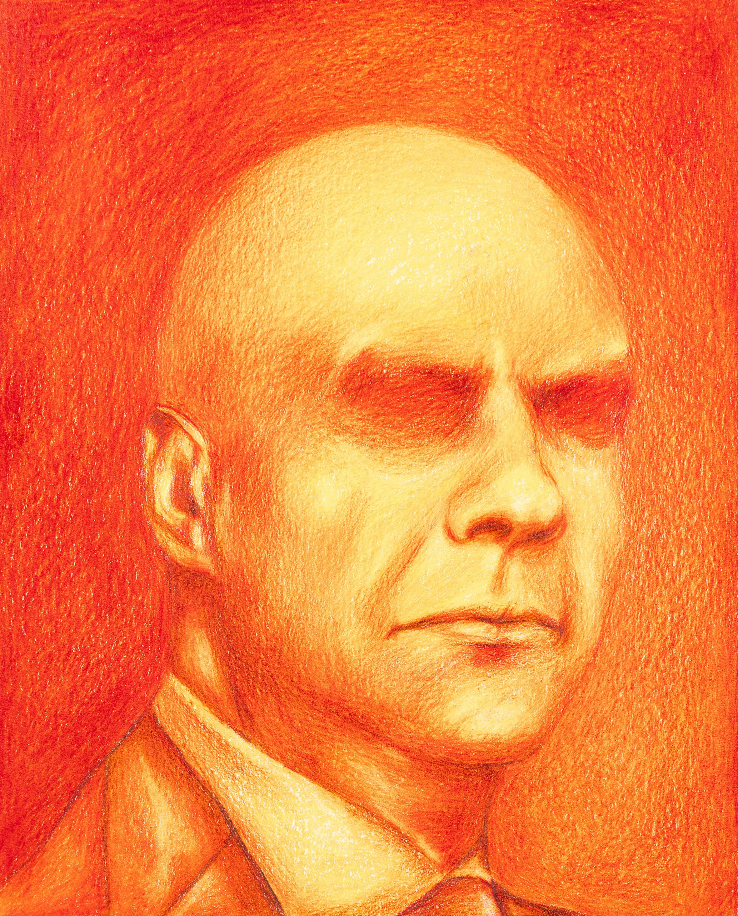 A colored sketch of a man with a serious expression, bald head, and wearing a shirt and tie, set against an orange background.