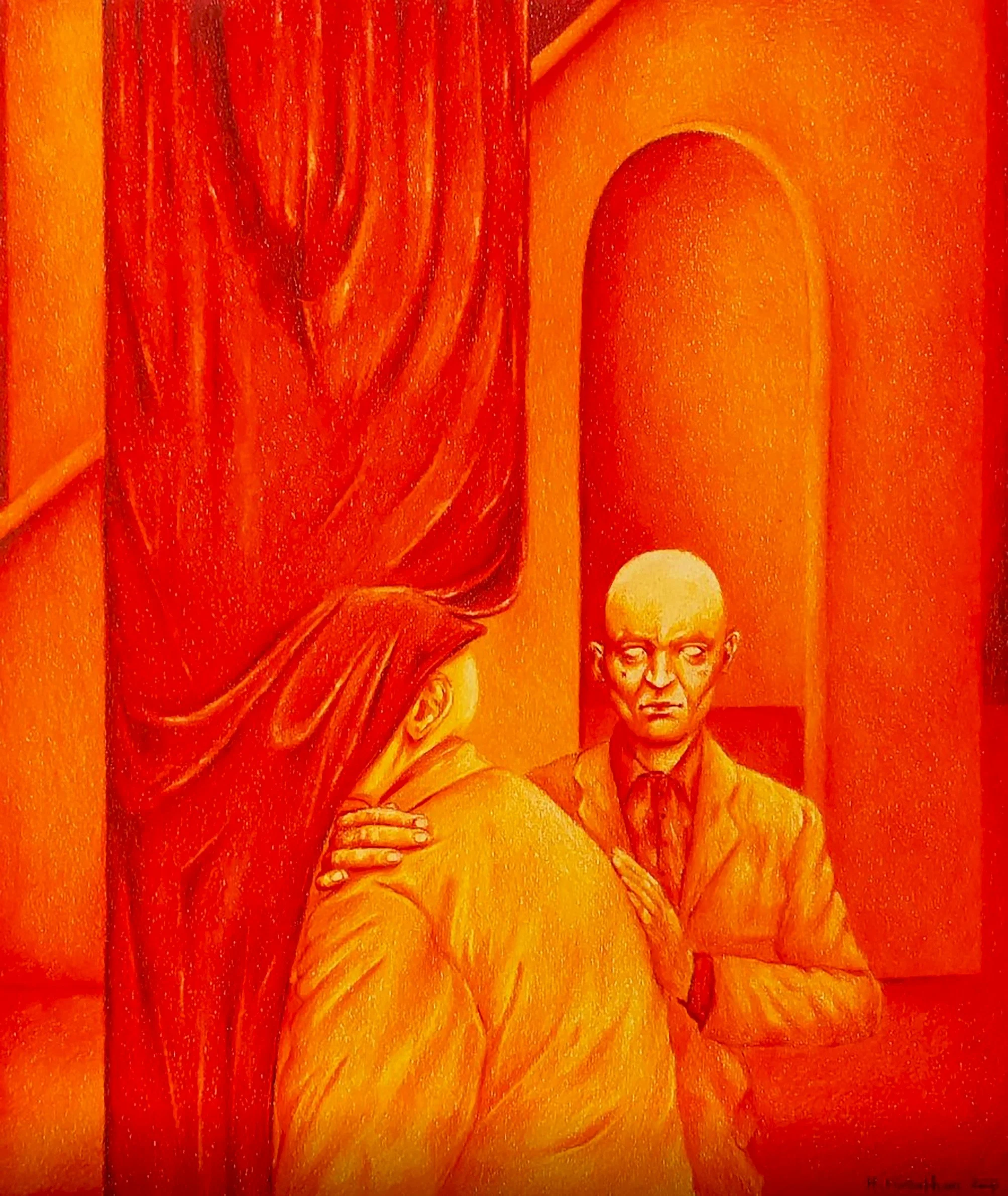 A monochromatic orange painting of two men in conversation, with one man gazing at the other while the second man has his hand on the other's shoulder.
