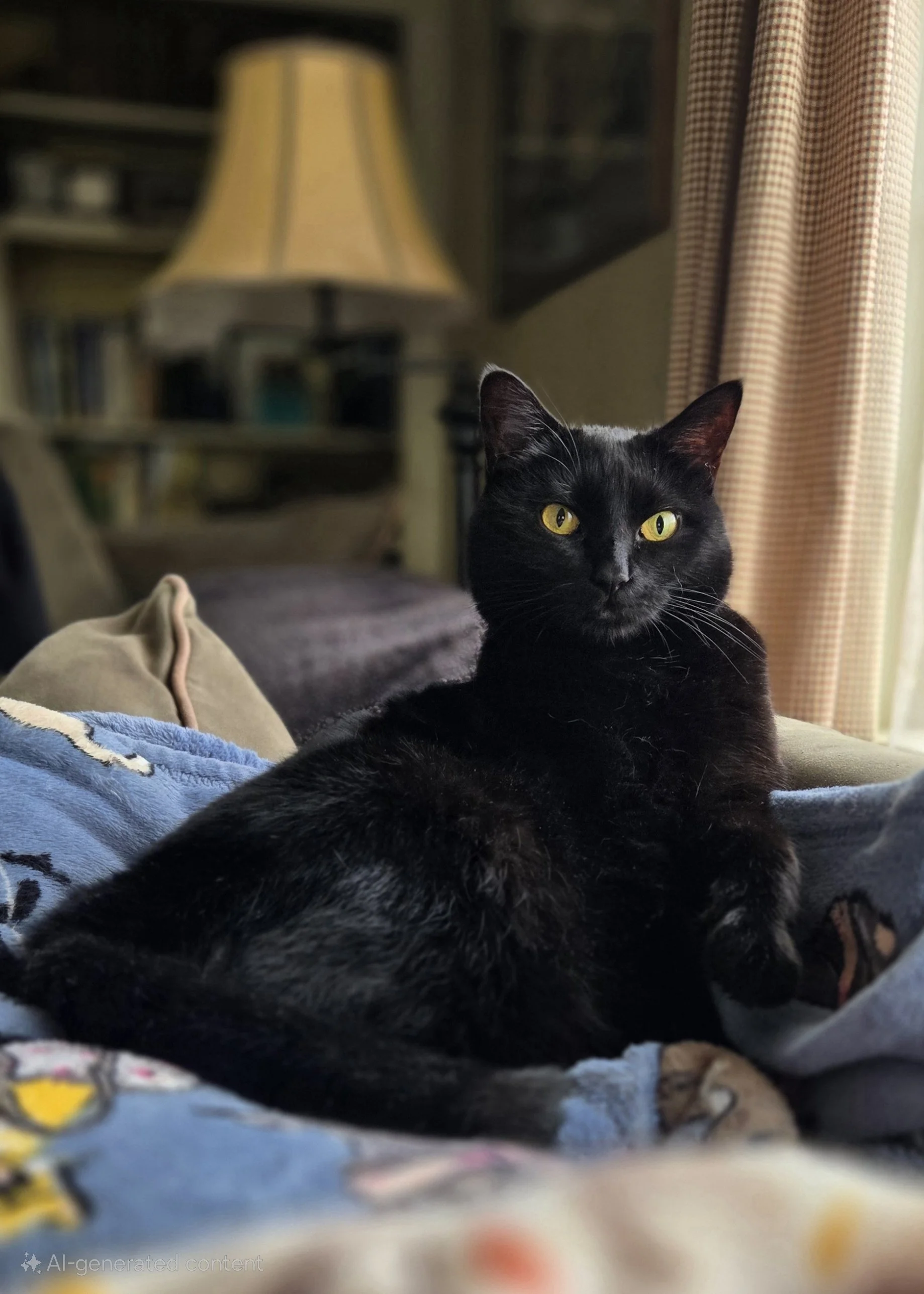 A black cat with yellow eyes lounge on a person's lap inside a cozy room with a bookshelf, a table lamp, and windows with curtains.