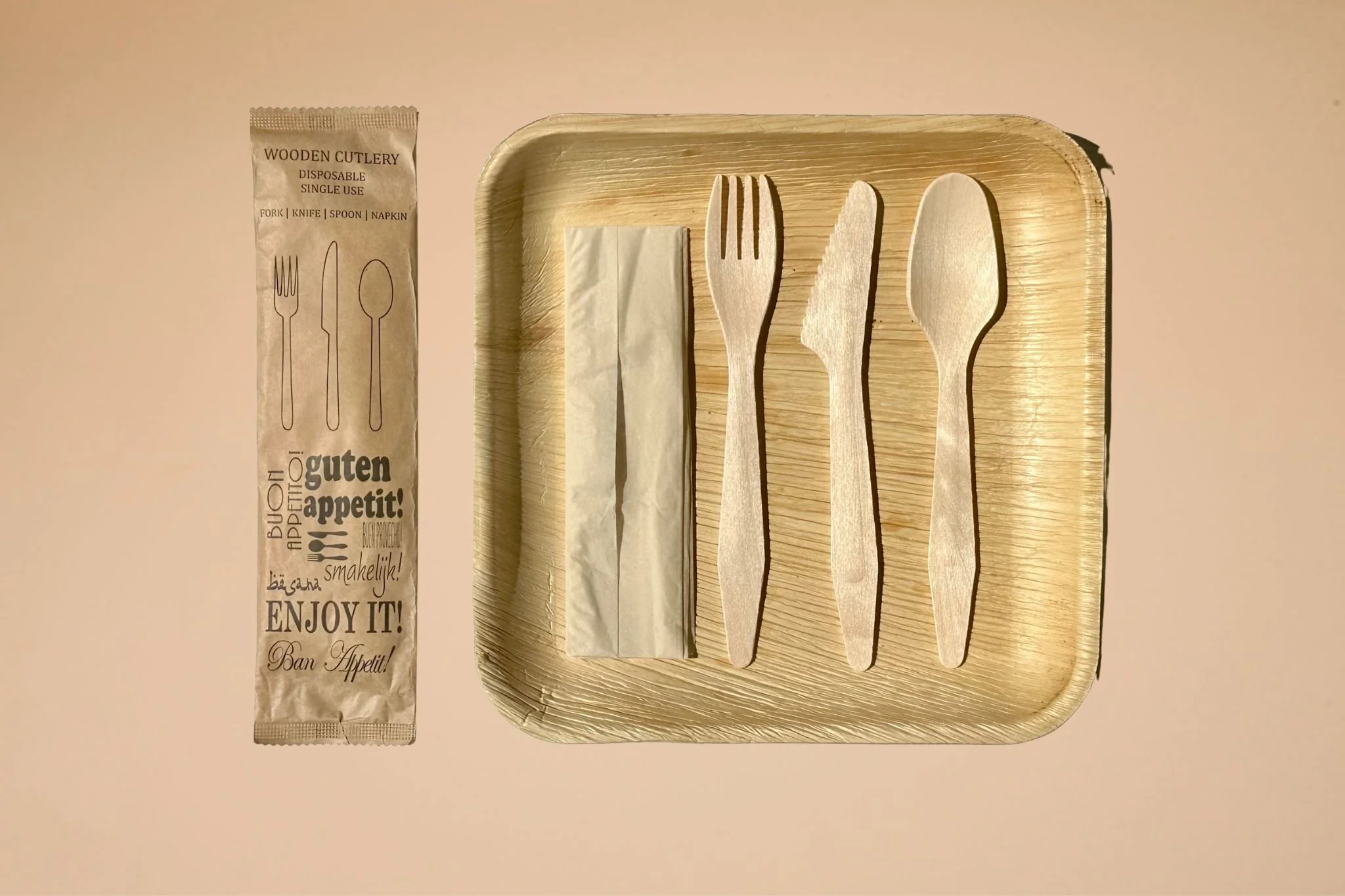 Palm Leaf Plate and Wooden Cutlery Kit