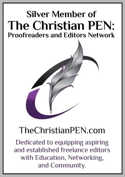 A certificate or badge that shows the person is a Silver Member of The Christian PEN: Proofreaders and Editors Network, featuring a gray and purple feather logo, the website address TheChristianPEN.com, and a mission statement about supporting freelance editors with education, networking, and community.