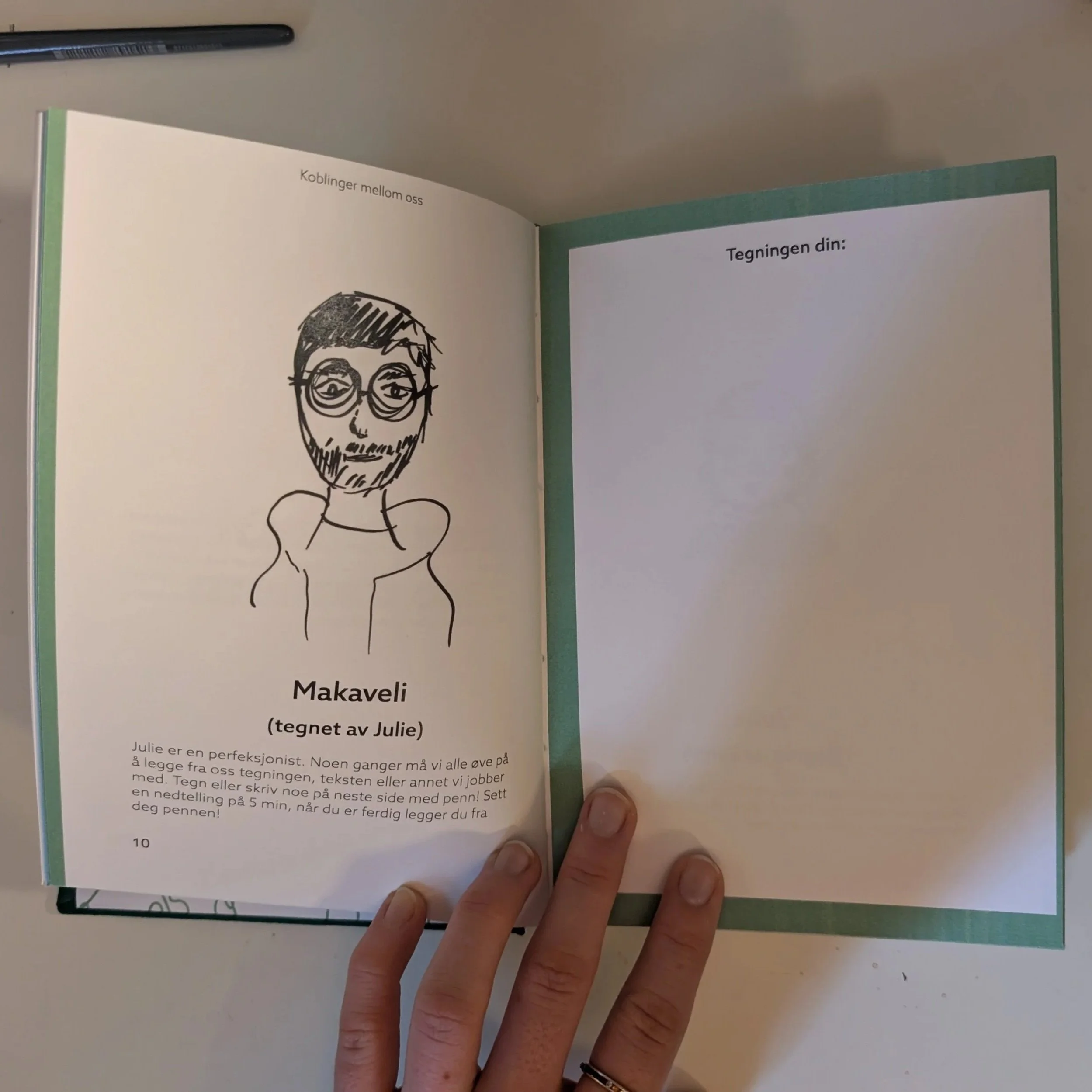 A sketch of a person with glasses, a beard, and short hair, drawn with simple lines on a page. The text below indicates the name Makaveli, and mentions that it is a drawing by Julie. The image appears to be from a book or art project about drawing and creativity.