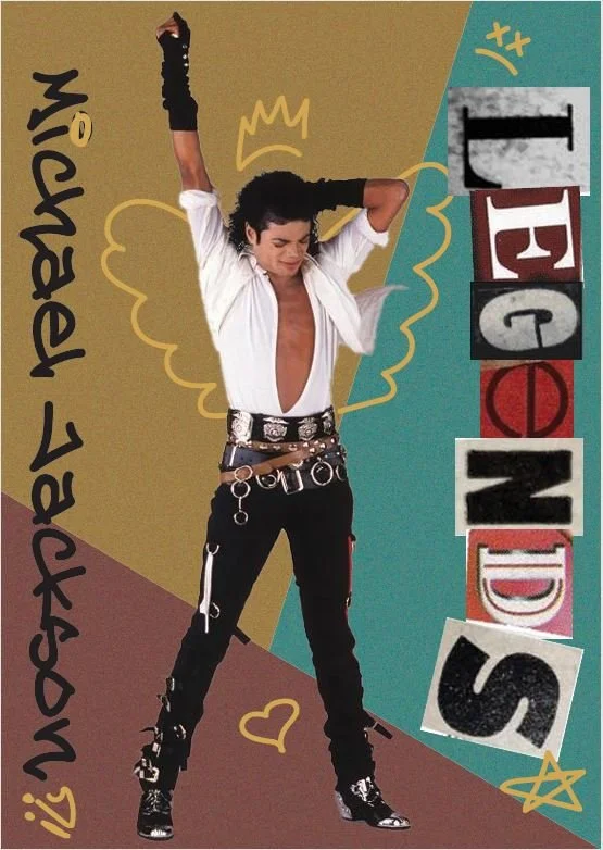 A man dressed as Michael Jackson performing dance moves, with a colorful background, artistic text, and heart and star doodles.