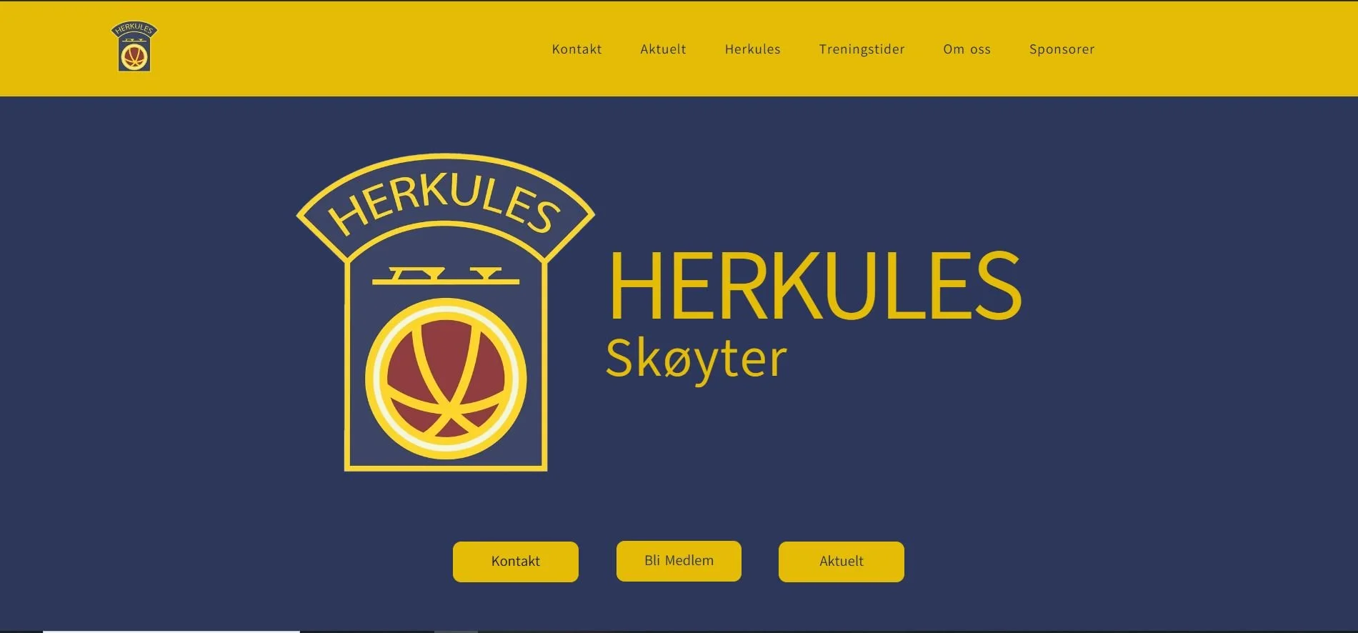 Screenshot of Herkules Skøyter website, showing the logo, and navigation menu with options: Kontakt, Aktuelt, Herkules, Treningstider, Om oss, Sponsorer. The main section features a large emblem with the text 'Herkules' and 'Skøyter' against a dark blue background and yellow accents.