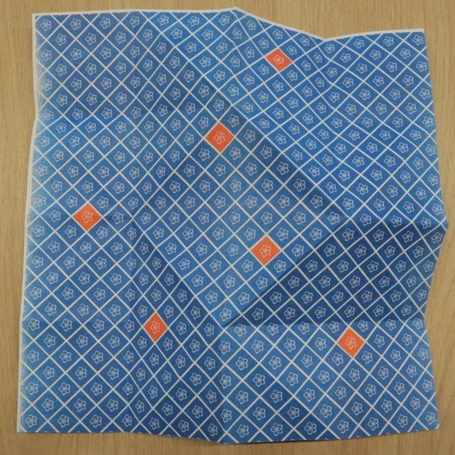 Blue patterned paper with white diamond grid and small white flowers, with some red diamonds scattered.