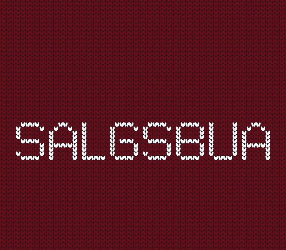A knitted red background with the white letters "Salgsbua" in front.