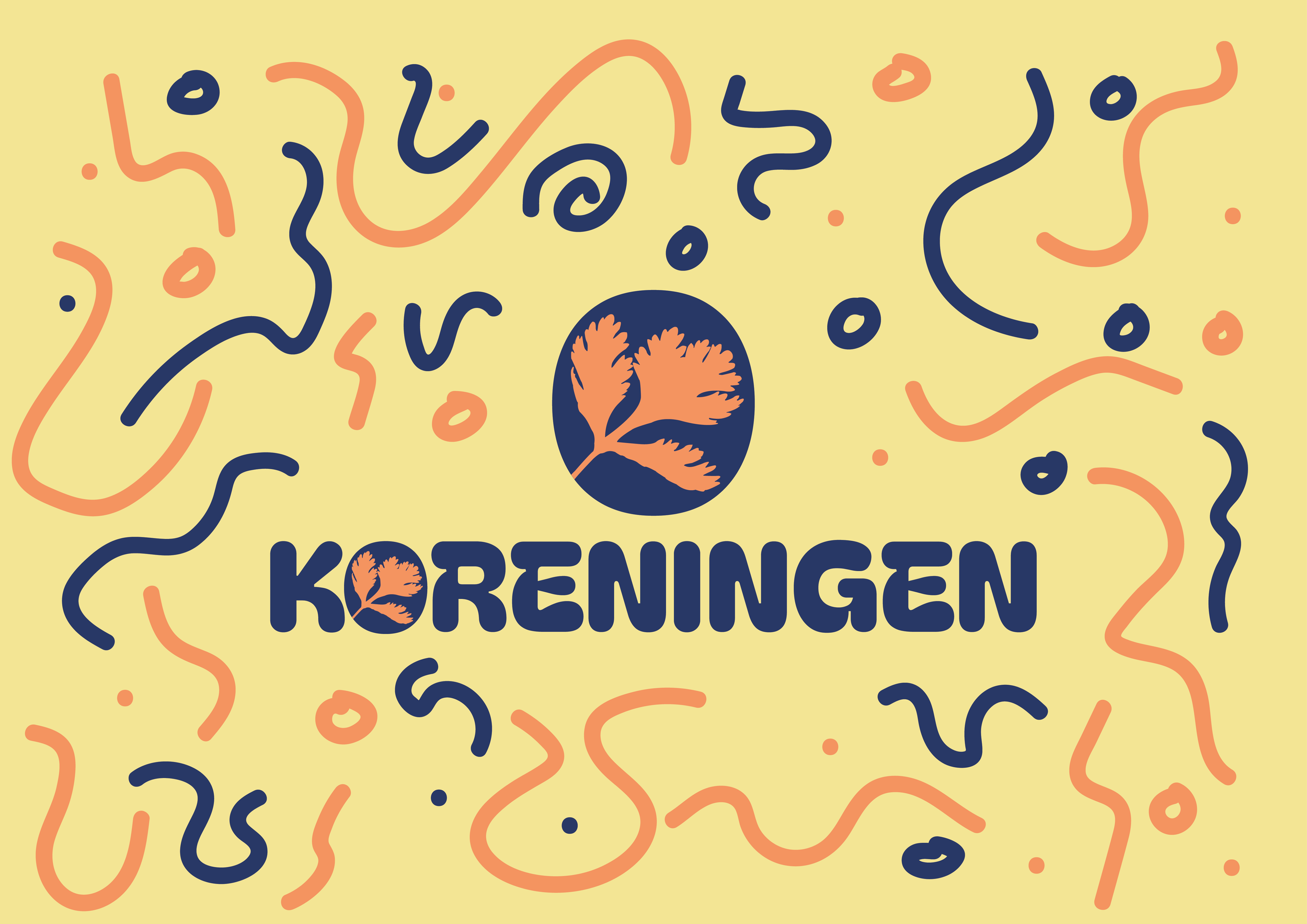Design with the word 'Koreningen' in navy blue, with a small navy blue circle containing an orange leaf replacing the letter 'O', set against a light yellow background with abstract navy blue and orange squiggles and dots.